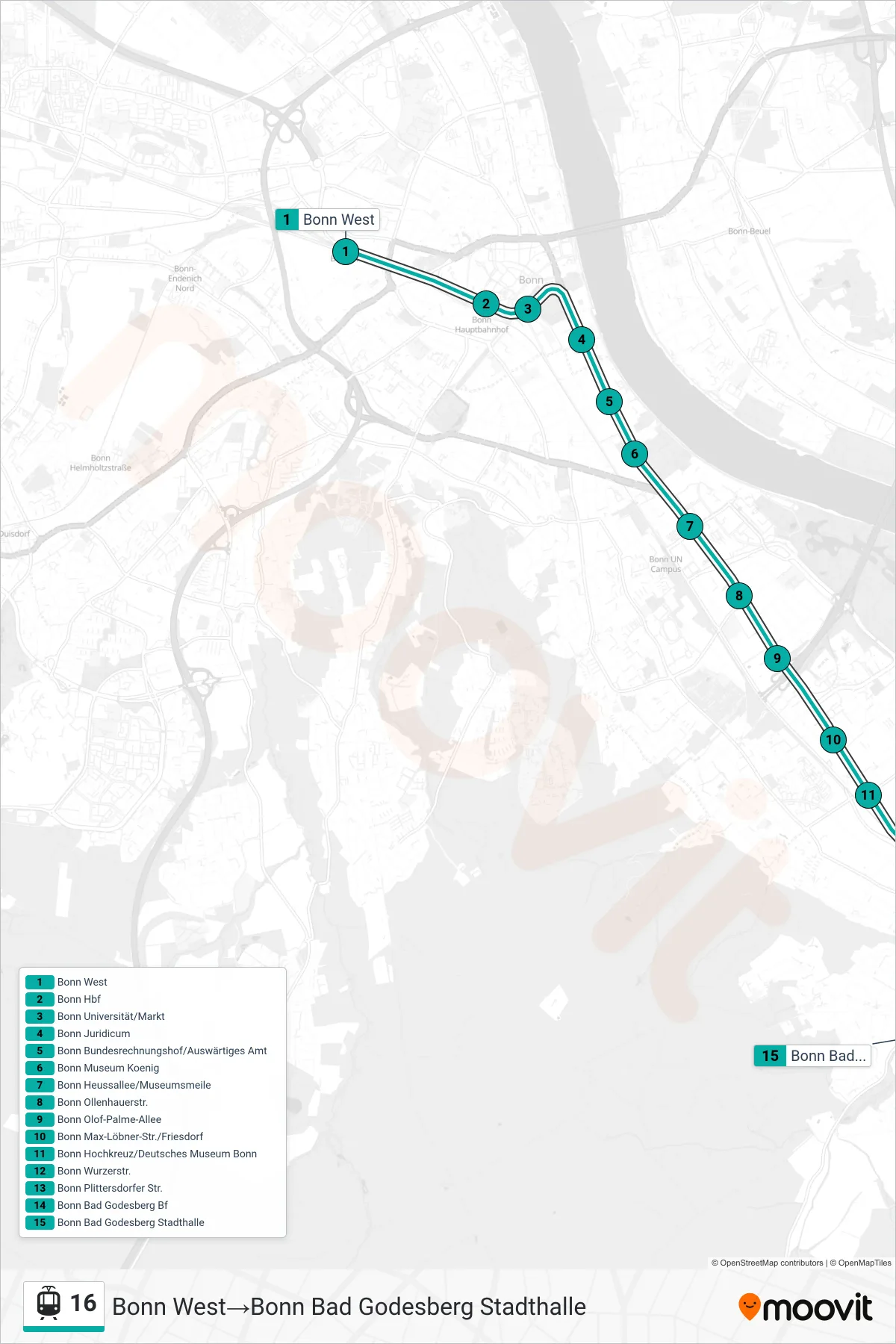 Linie 16 (Straßenbahn) Richtung Bonn West‎→Bonn Bad Godesberg Stadthalle: Route und Haltestellen auf der Karte