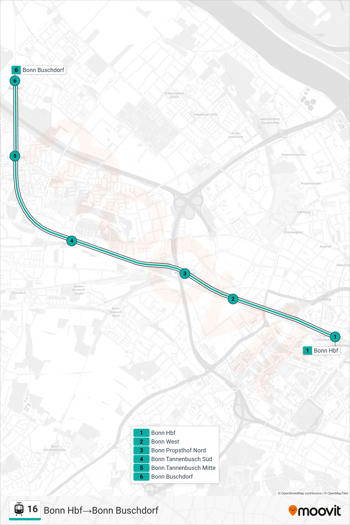 Linie 16 (Straßenbahn) Richtung Bonn Hbf→Bonn Buschdorf: Route und Haltestellen auf der Karte