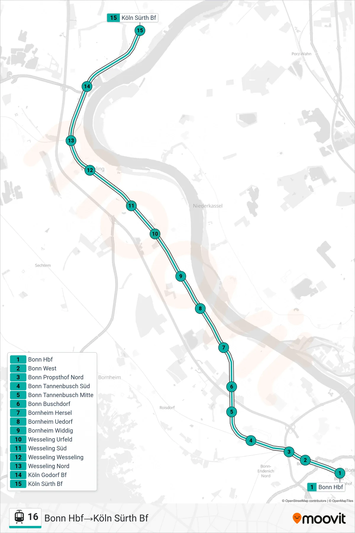Linie 16 (Straßenbahn) Richtung Bonn Hbf‎→Köln Sürth Bf: Route und Haltestellen auf der Karte