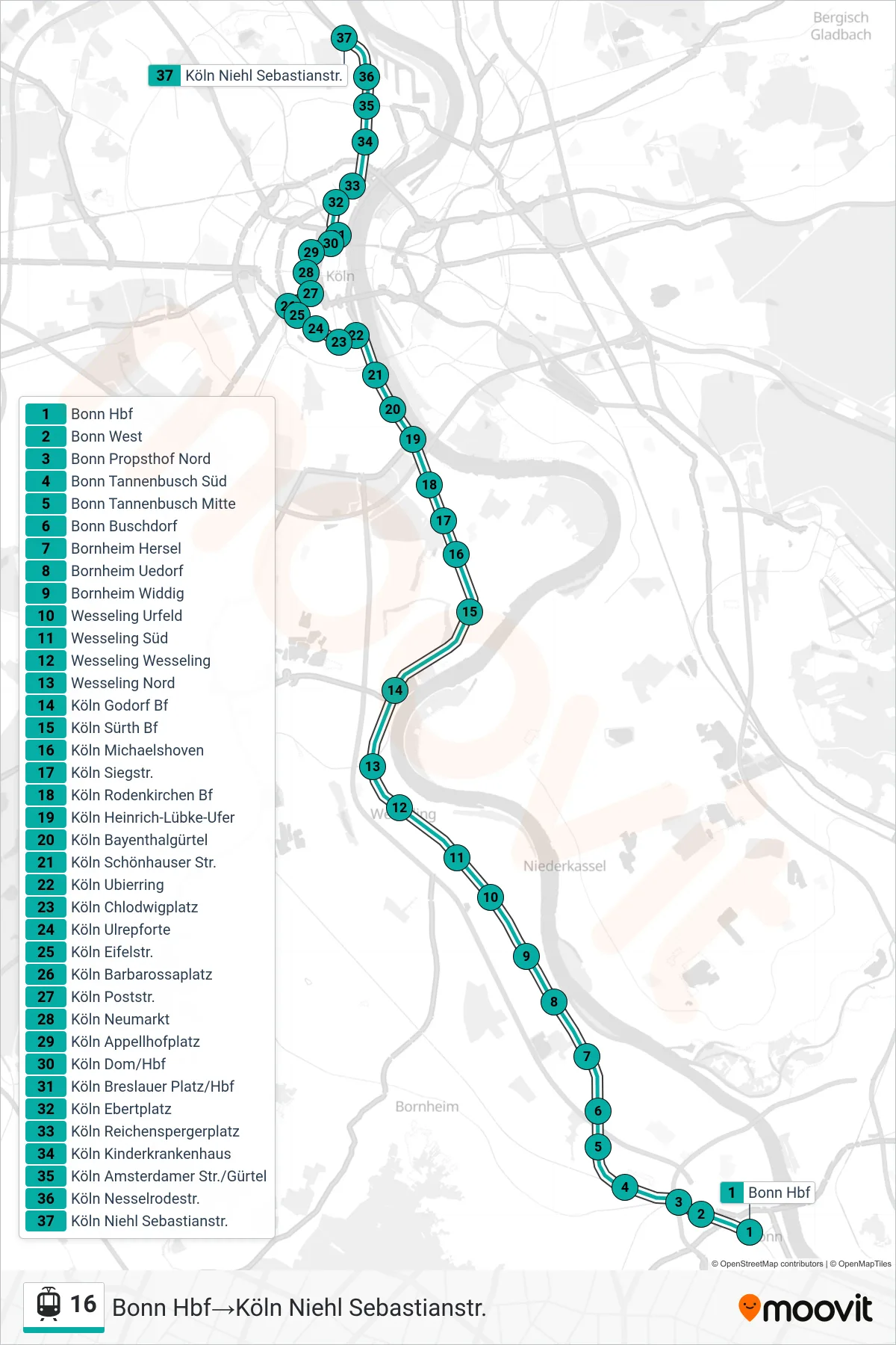 Linie 16 (Straßenbahn) Richtung Bonn Hbf‎→Köln Niehl Sebastianstr.: Route und Haltestellen auf der Karte