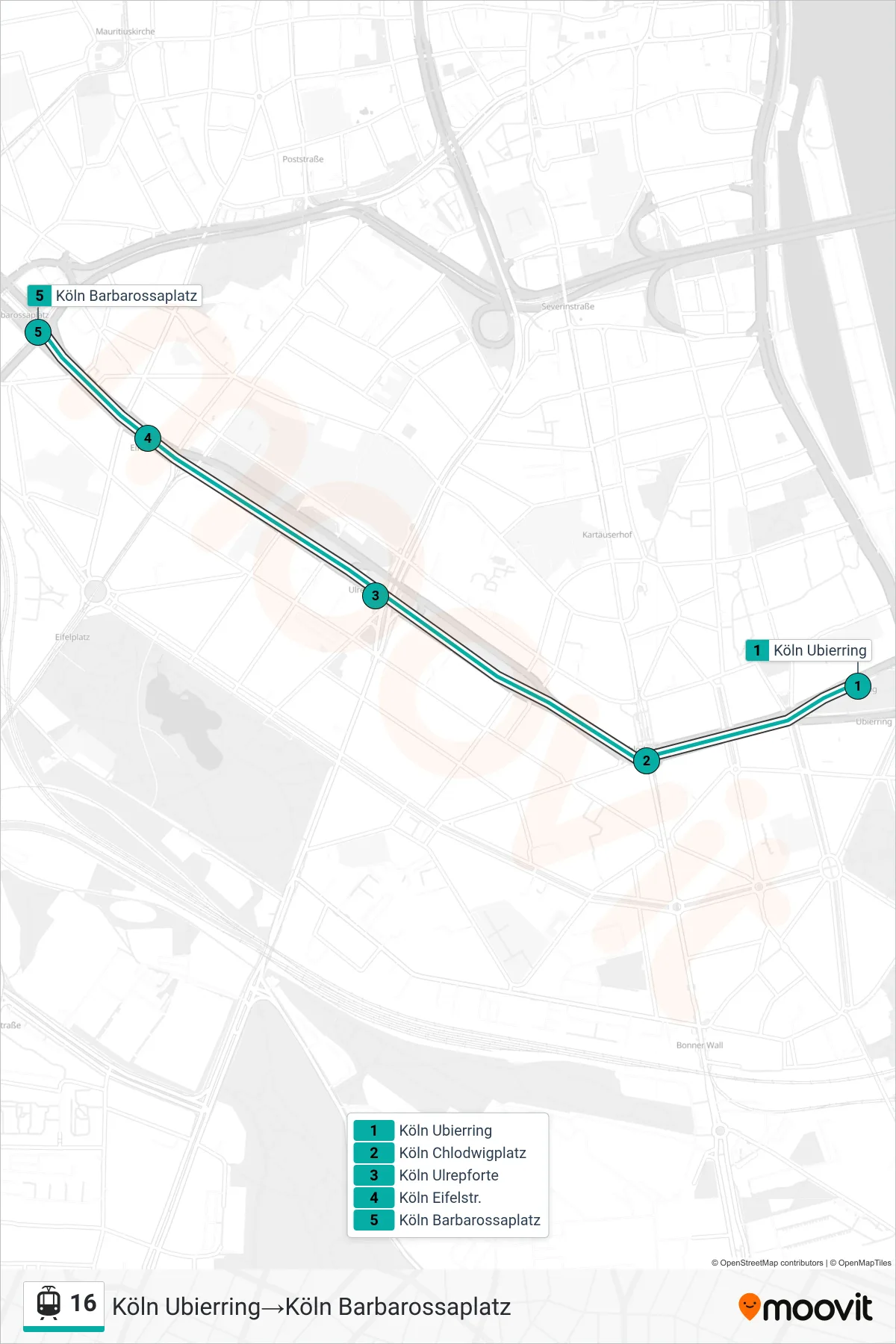Linie 16 (Straßenbahn) Richtung Köln Ubierring‎→Köln Barbarossaplatz: Route und Haltestellen auf der Karte