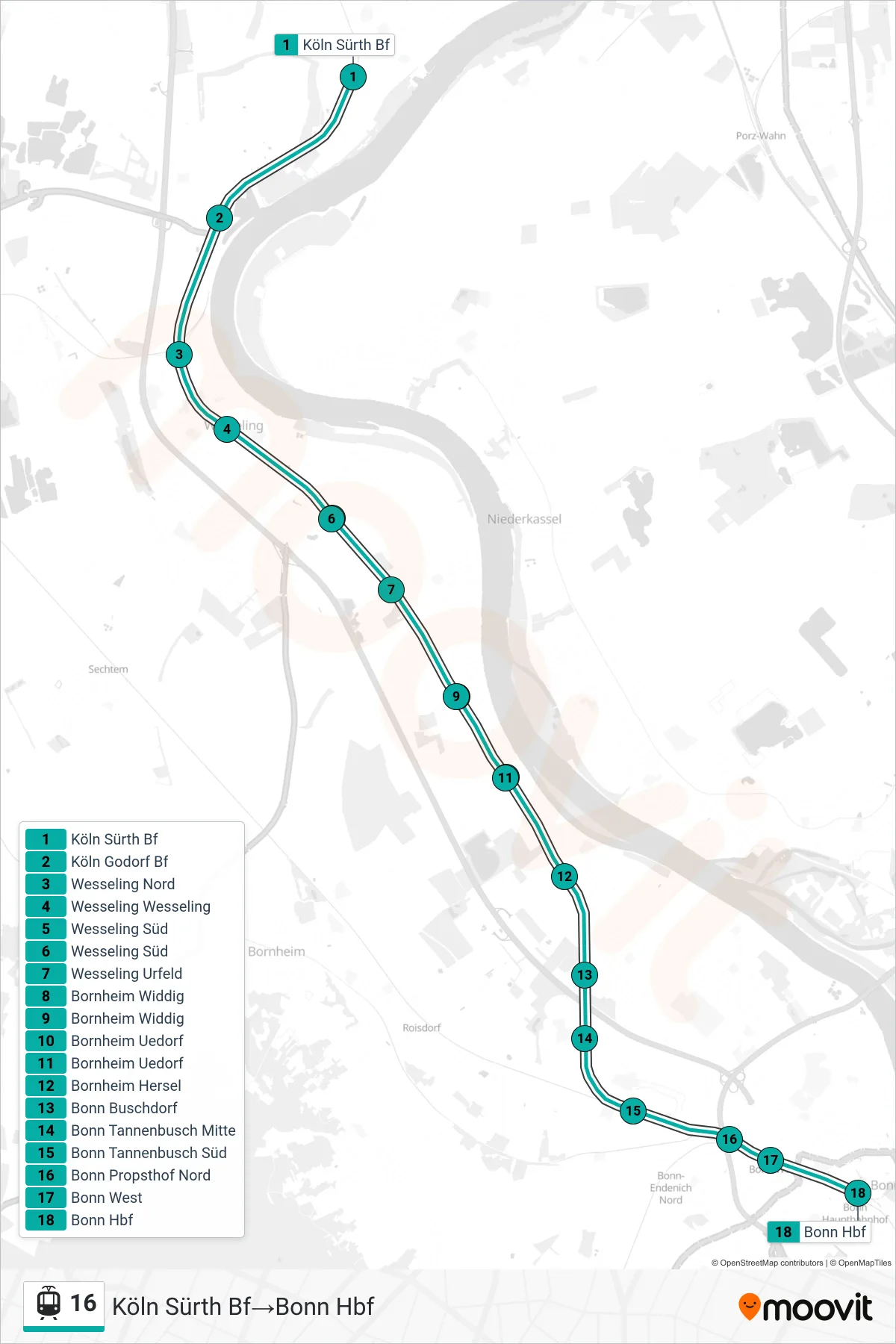 Linie 16 (Tram) Richtung Köln Sürth Bf‎→Bonn Hbf: Route und Haltestellen auf der Karte