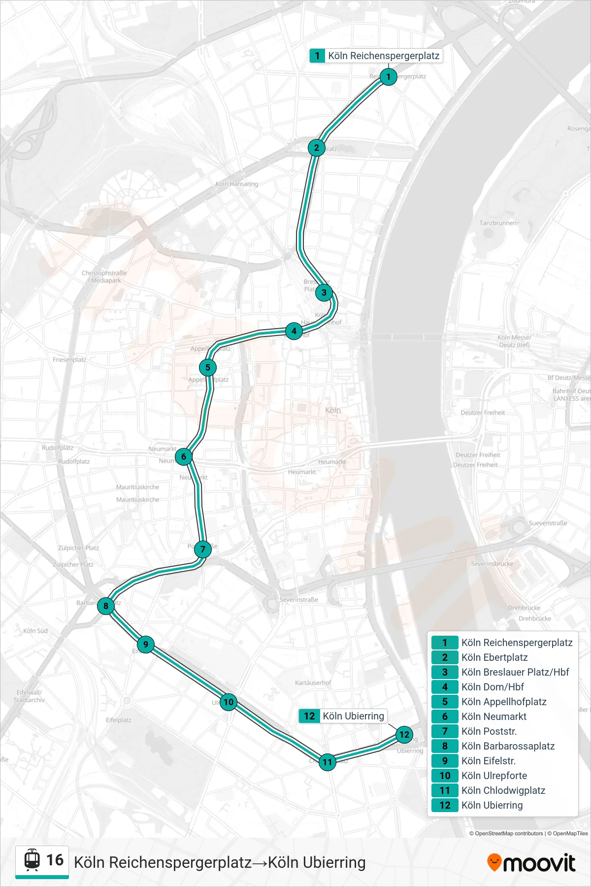 Linie 16 (Straßenbahn) Richtung Köln Reichenspergerplatz→Köln Ubierring: Route und Haltestellen auf der Karte