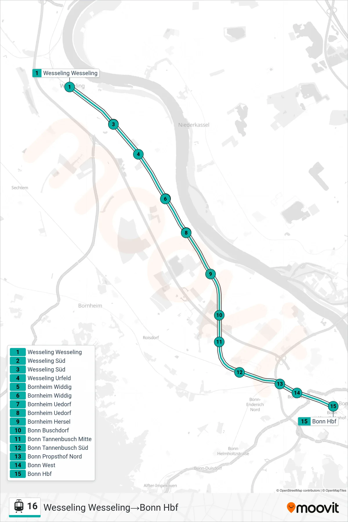 Linie 16 (Straßenbahn) Richtung Wesseling Wesseling→Bonn Hbf: Route und Haltestellen auf der Karte