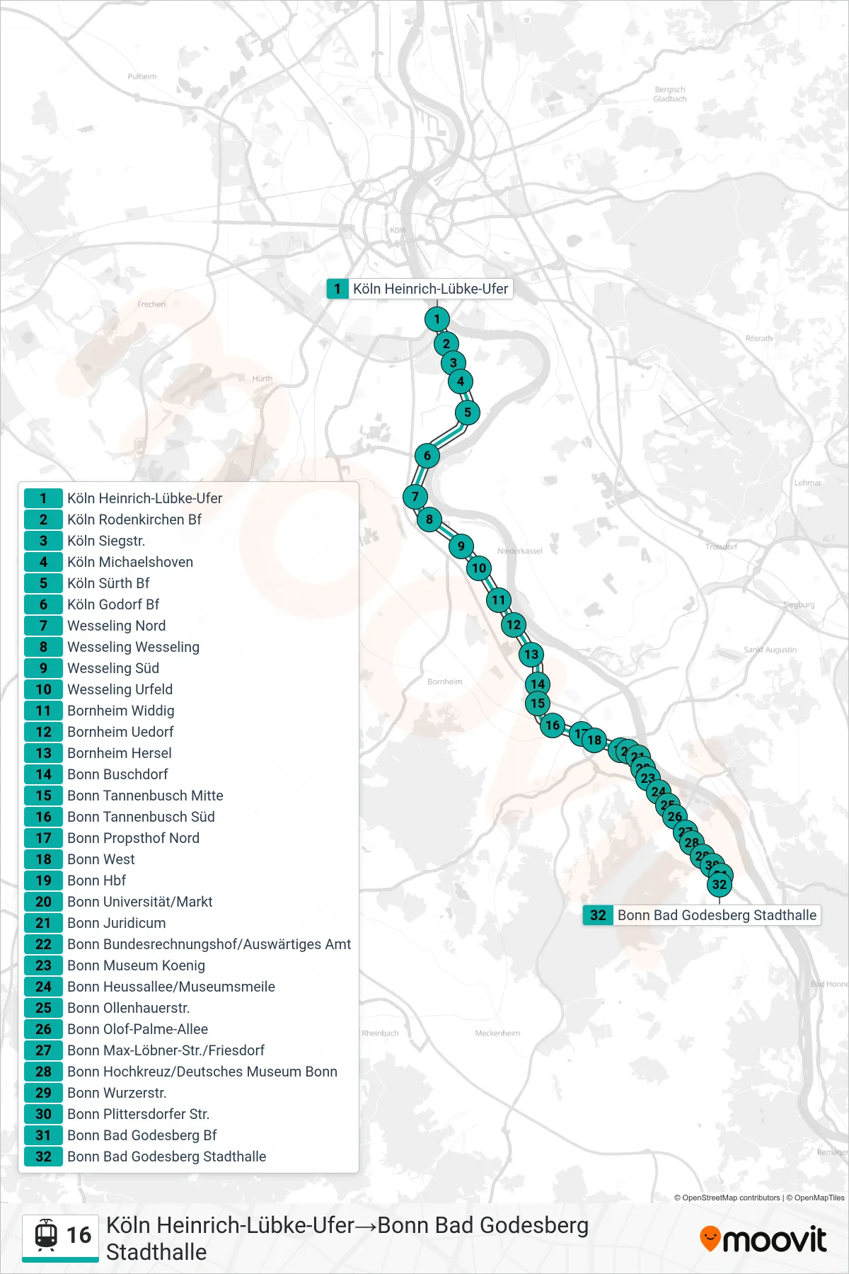 Linie 16 (Straßenbahn) Richtung Köln Heinrich-Lübke-Ufer‎→Bonn Bad Godesberg Stadthalle: Route und Haltestellen auf der Karte