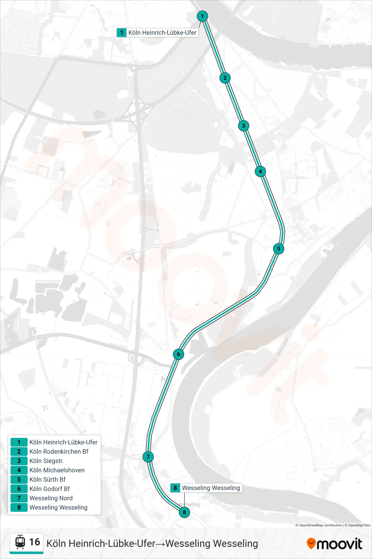 Linie 16 (Straßenbahn) Richtung Köln Heinrich-Lübke-Ufer→Wesseling Wesseling: Route und Haltestellen auf der Karte