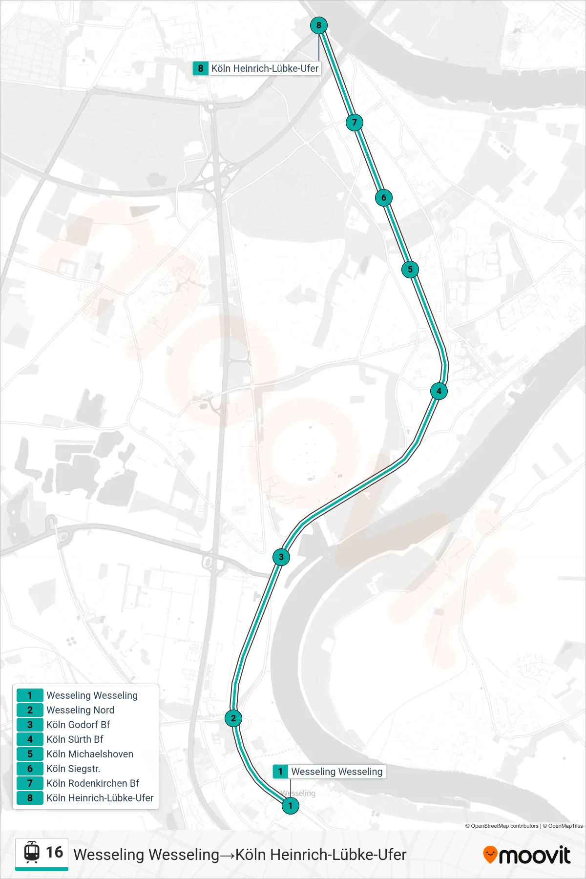 16 tram Line (Wesseling Wesseling‎→Köln Heinrich-Lübke-Ufer) route and stops on a map