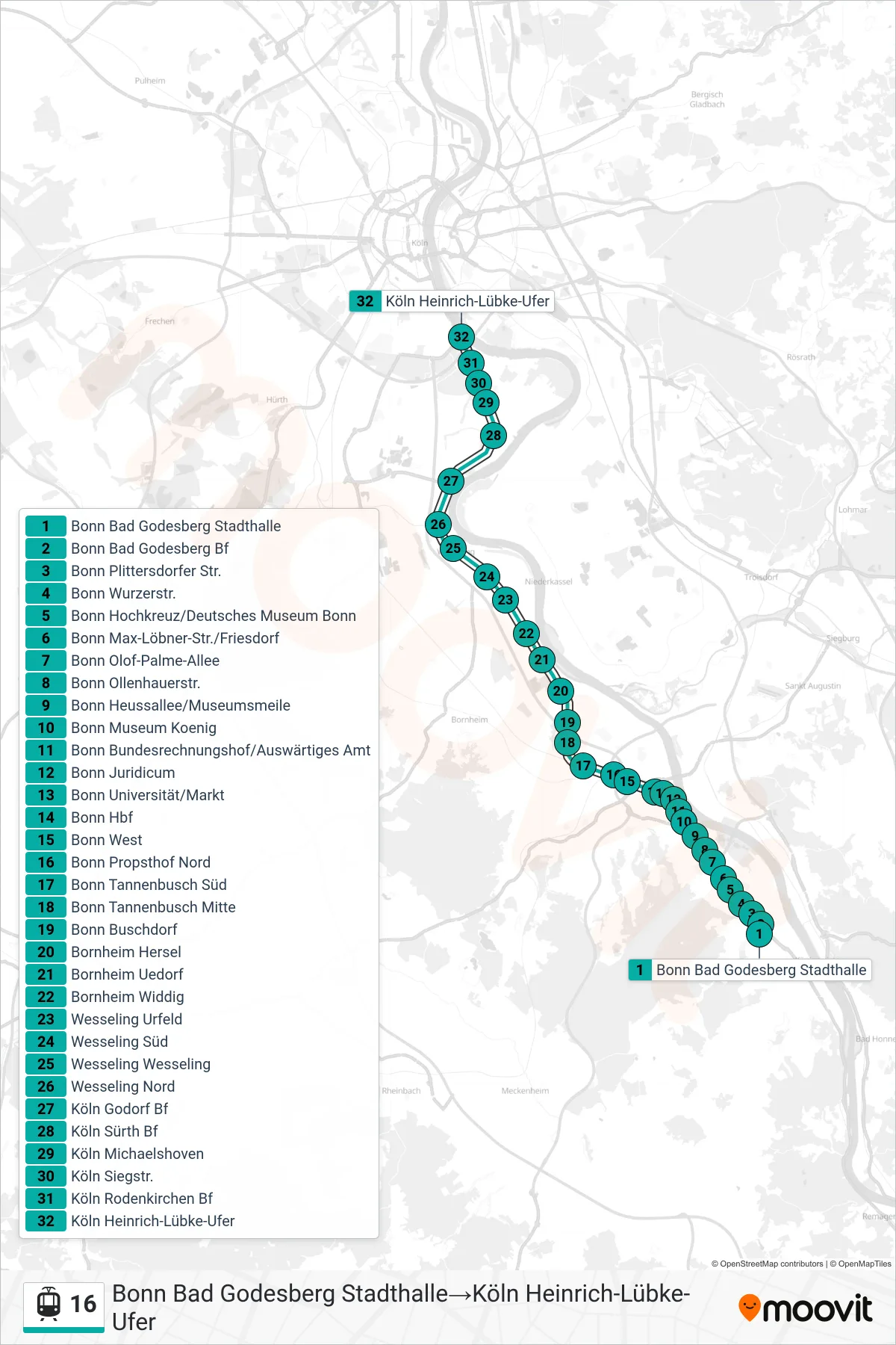 Linie 16 (Straßenbahn) Richtung Bonn Bad Godesberg Stadthalle→Köln Heinrich-Lübke-Ufer: Route und Haltestellen auf der Karte