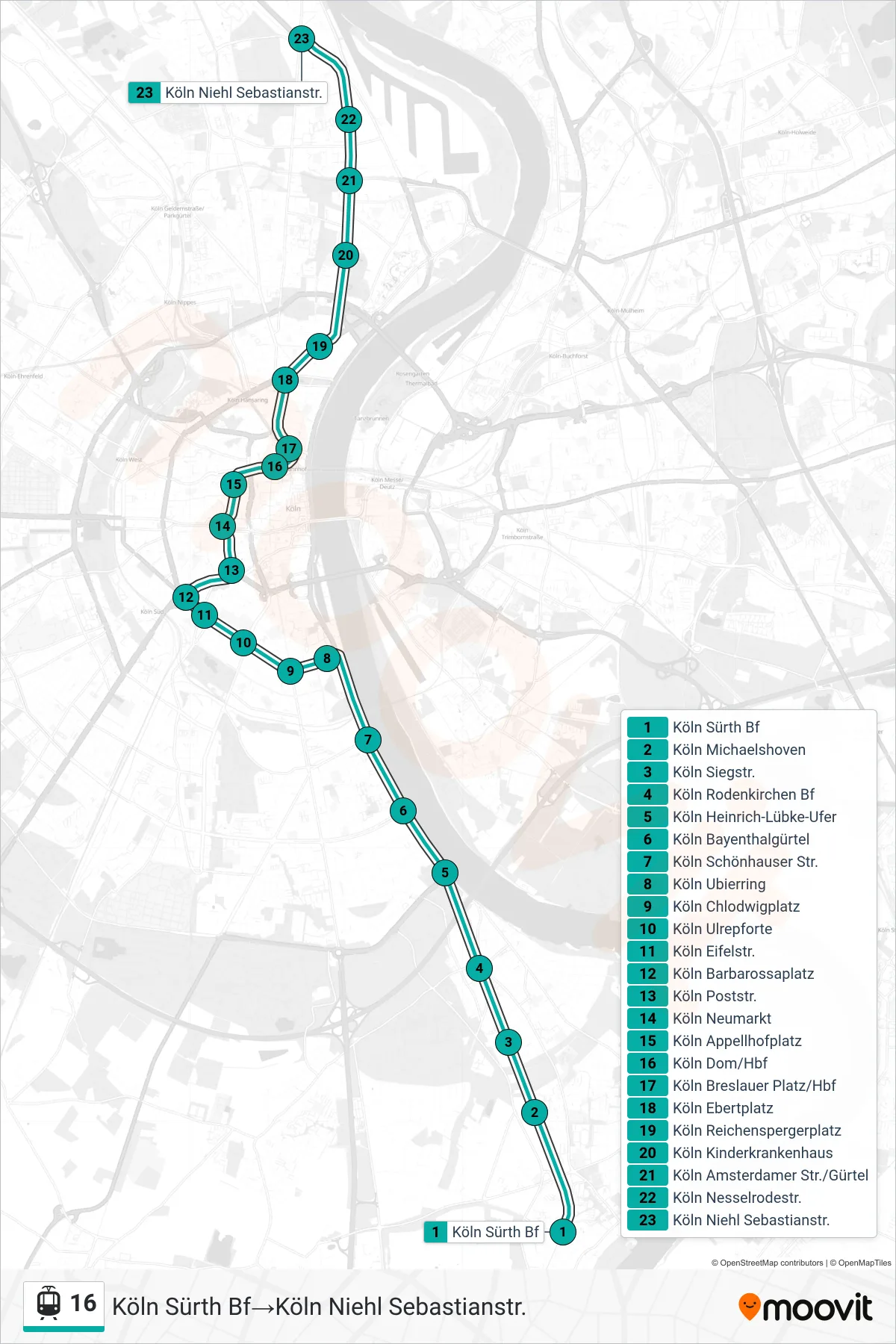 Linie 16 (Straßenbahn) Richtung Köln Sürth Bf‎→Köln Niehl Sebastianstr.: Route und Haltestellen auf der Karte