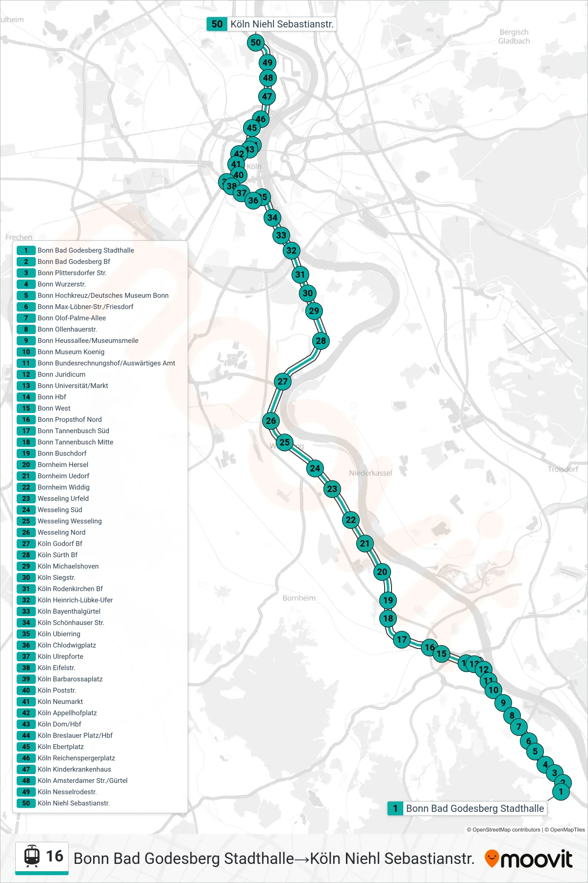 Linie 16 (Straßenbahn) Richtung Bonn Bad Godesberg Stadthalle→Köln Niehl Sebastianstr.: Route und Haltestellen auf der Karte