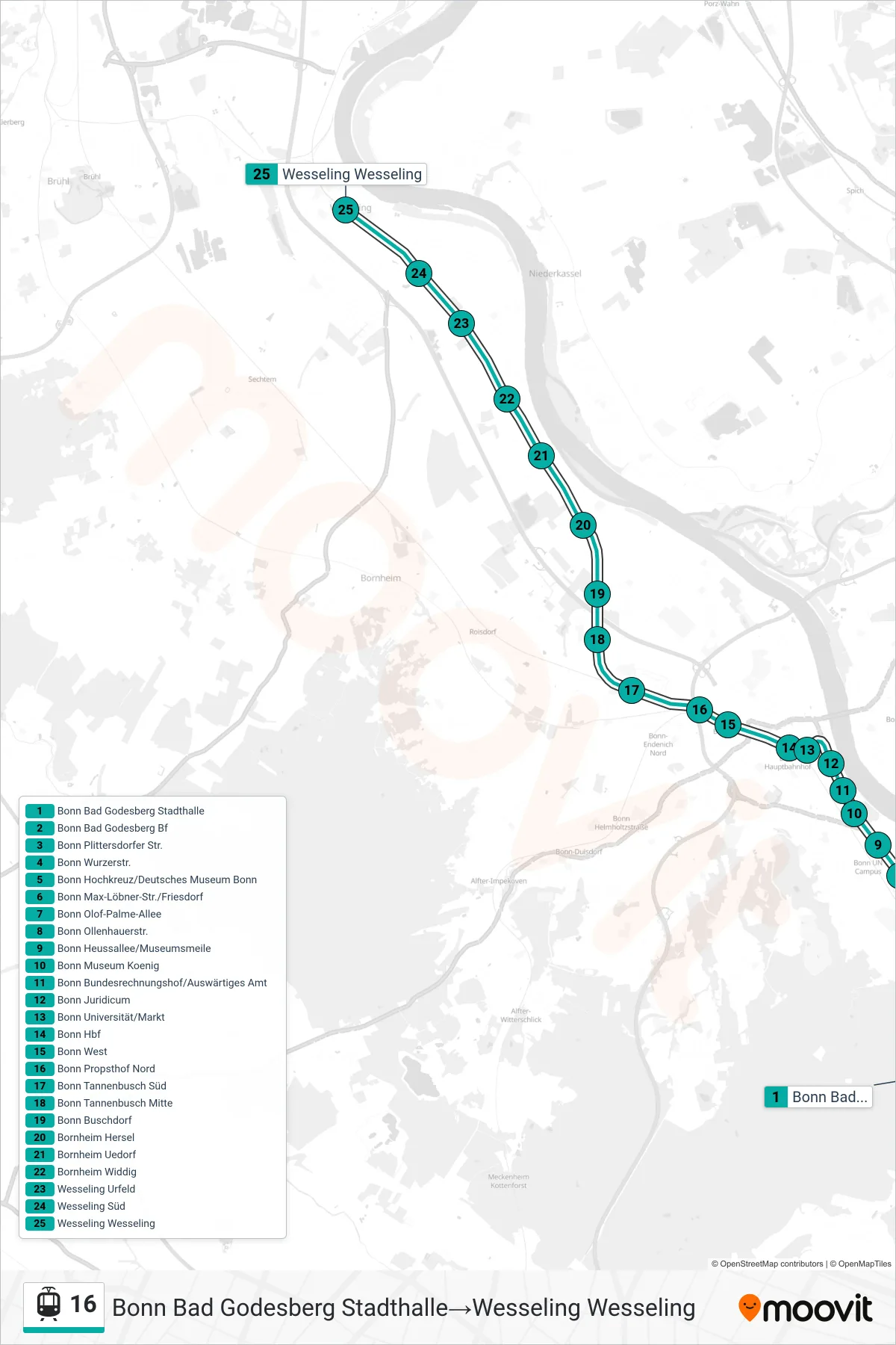 Linie 16 (Straßenbahn) Richtung Bonn Bad Godesberg Stadthalle→Wesseling Wesseling: Route und Haltestellen auf der Karte