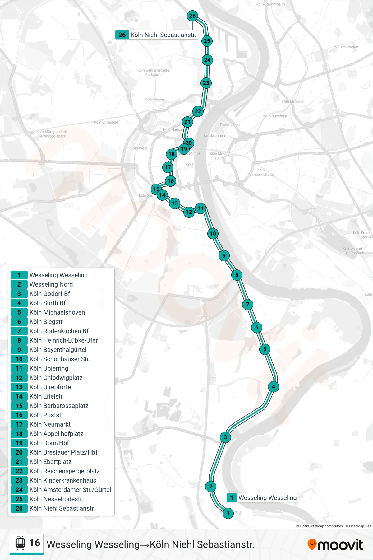 Linie 16 (Straßenbahn) Richtung Wesseling Wesseling‎→Köln Niehl Sebastianstr.: Route und Haltestellen auf der Karte