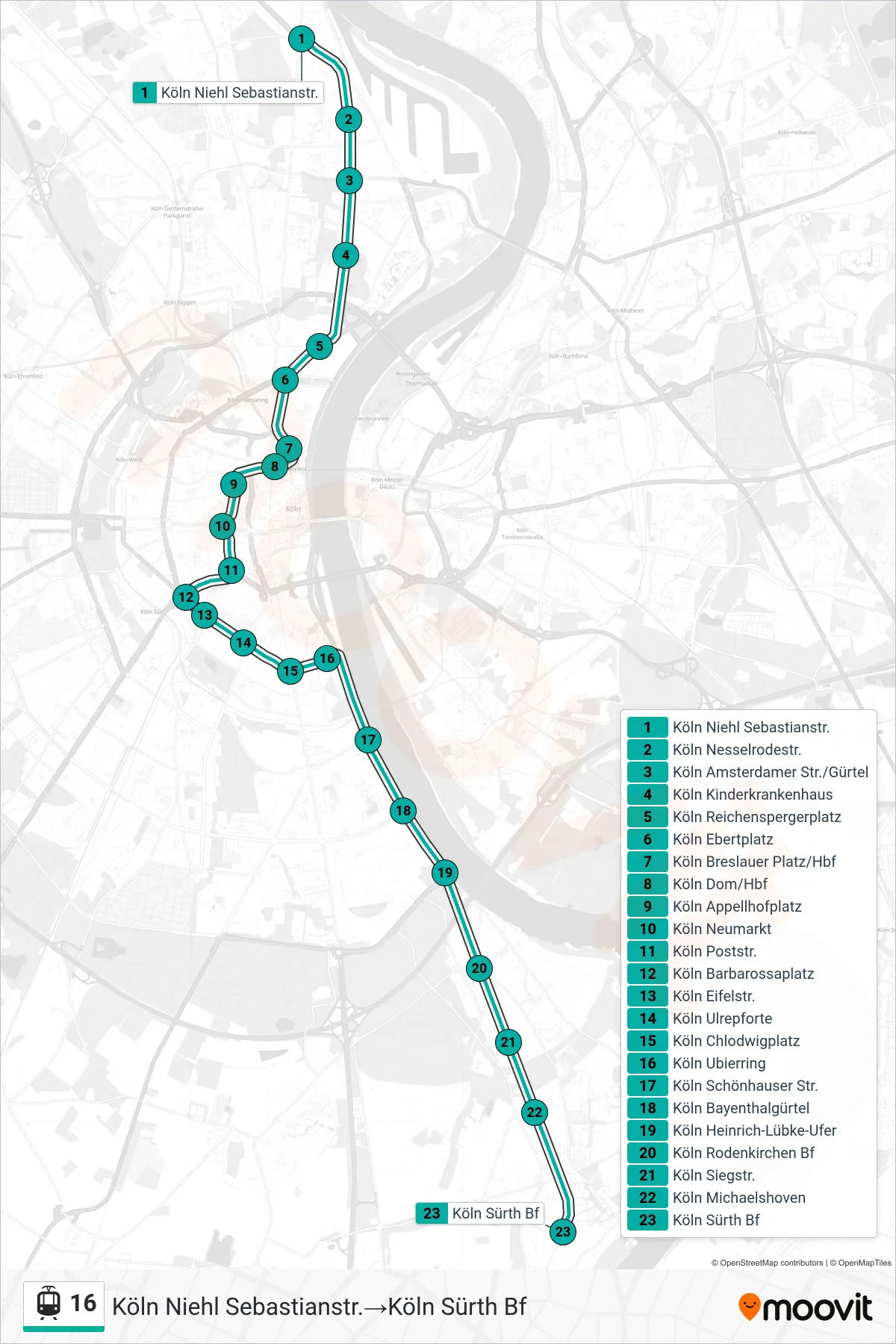 Linie 16 (Straßenbahn) Richtung Köln Niehl Sebastianstr.→Köln Sürth Bf: Route und Haltestellen auf der Karte