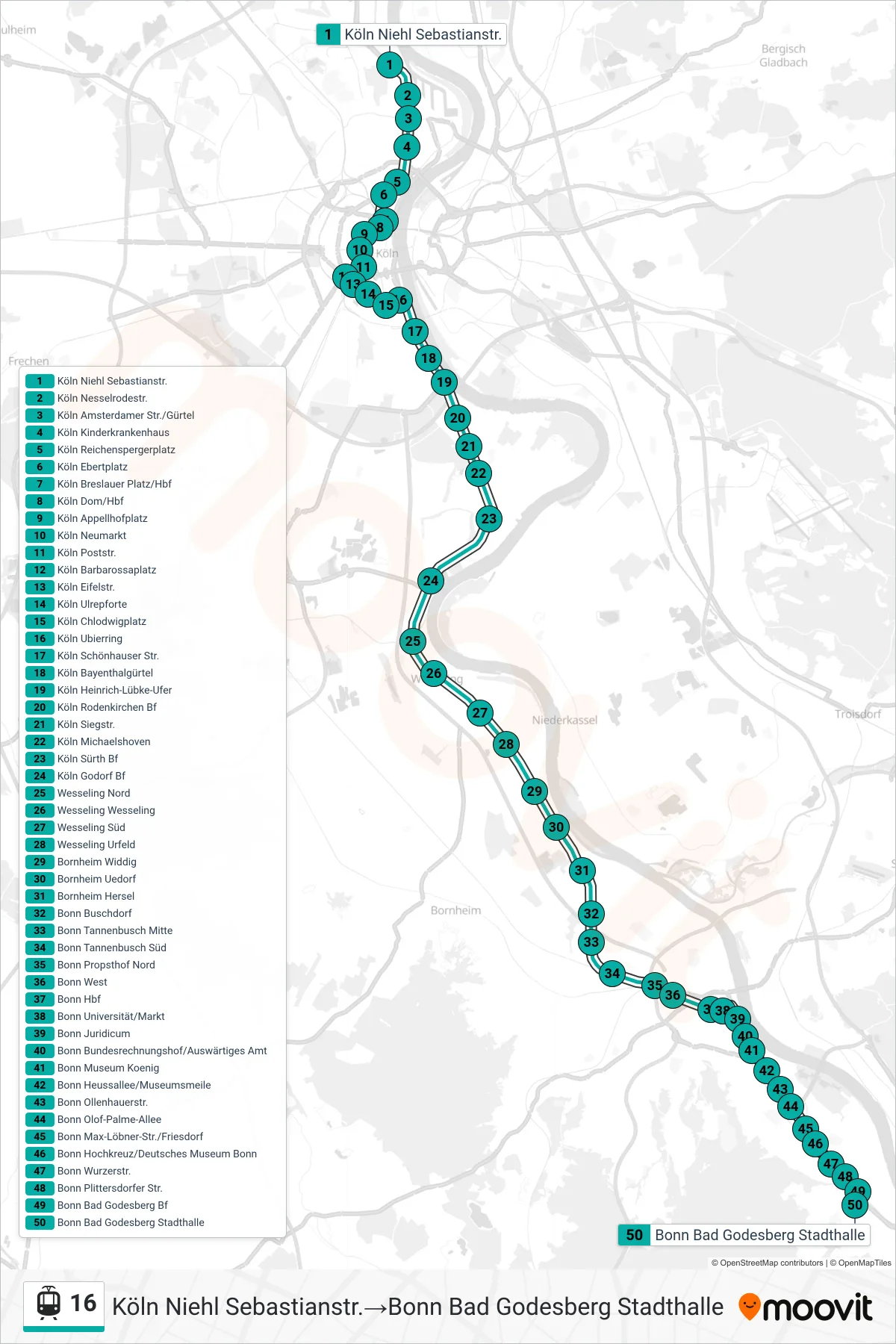 Linie 16 (Straßenbahn) Richtung Köln Niehl Sebastianstr.‎→Bonn Bad Godesberg Stadthalle: Route und Haltestellen auf der Karte