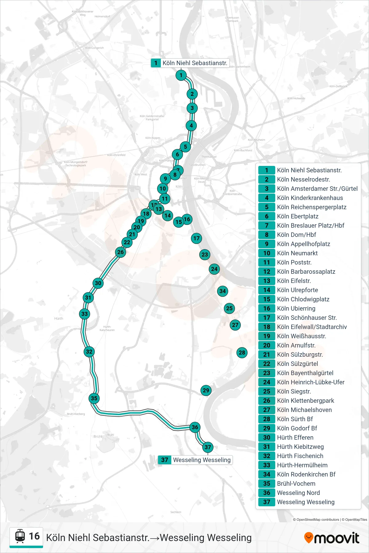 Linie 16 (Straßenbahn) Richtung Köln Niehl Sebastianstr.→Wesseling Wesseling: Route und Haltestellen auf der Karte