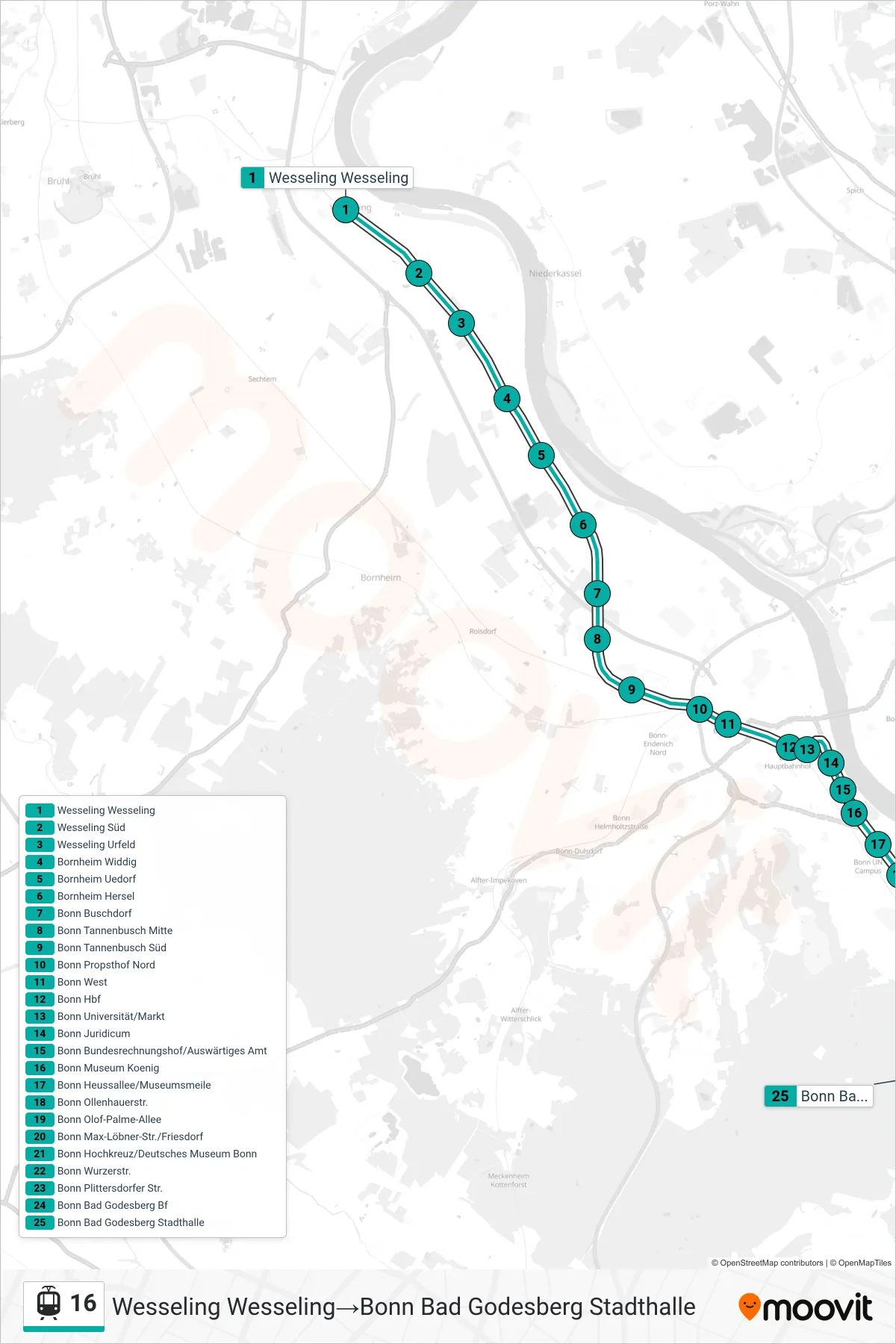 16 light rail Line (Wesseling Wesseling‎→Bonn Bad Godesberg Stadthalle) route and stops on a map