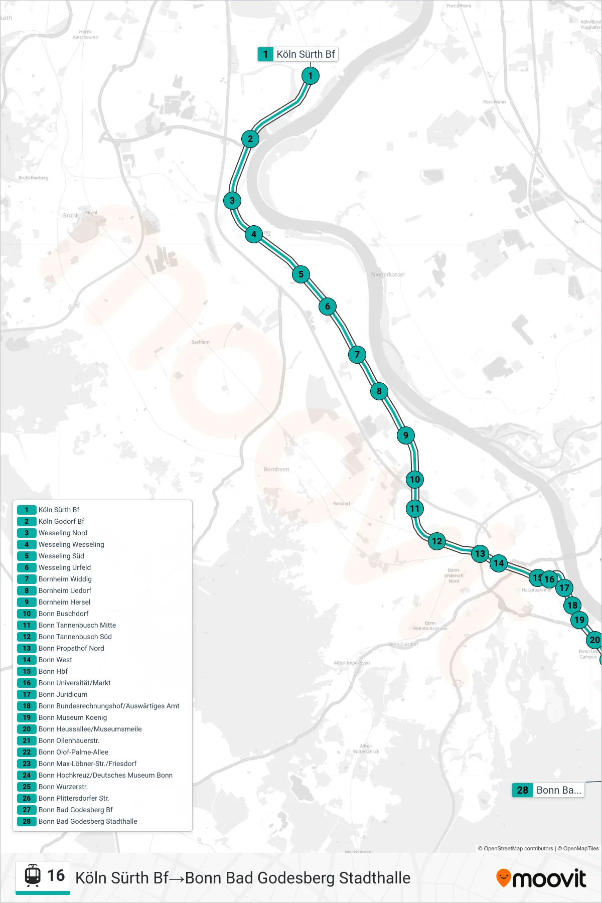 Linie 16 (Straßenbahn) Richtung Köln Sürth Bf→Bonn Bad Godesberg Stadthalle: Route und Haltestellen auf der Karte