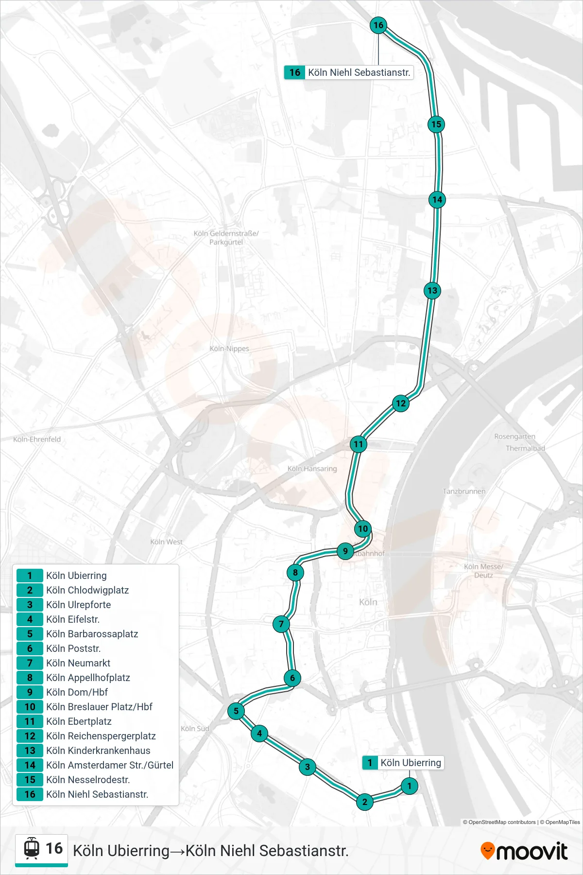 Linie 16 (Straßenbahn) Richtung Köln Ubierring‎→Köln Niehl Sebastianstr.: Route und Haltestellen auf der Karte