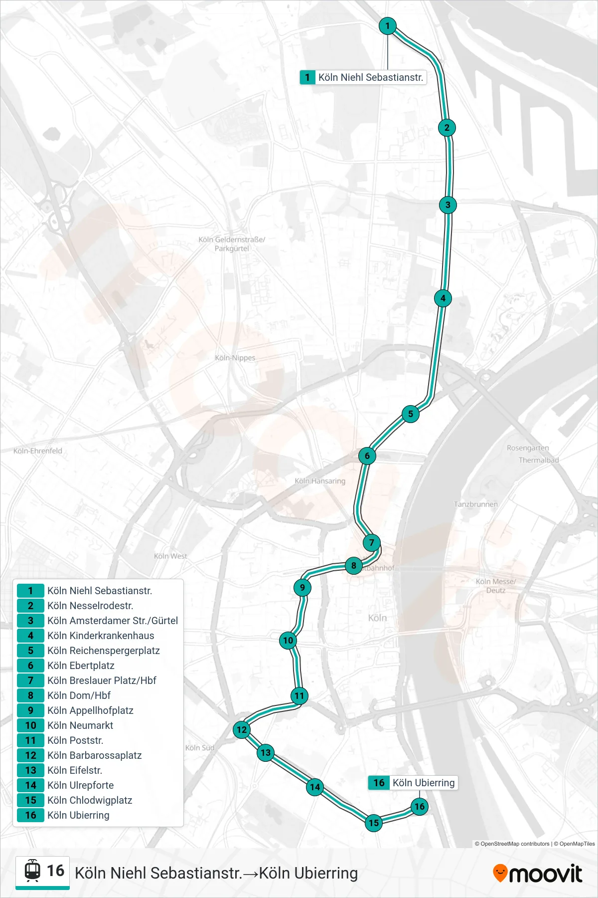 Linie 16 (Straßenbahn) Richtung Köln Niehl Sebastianstr.→Köln Ubierring: Route und Haltestellen auf der Karte