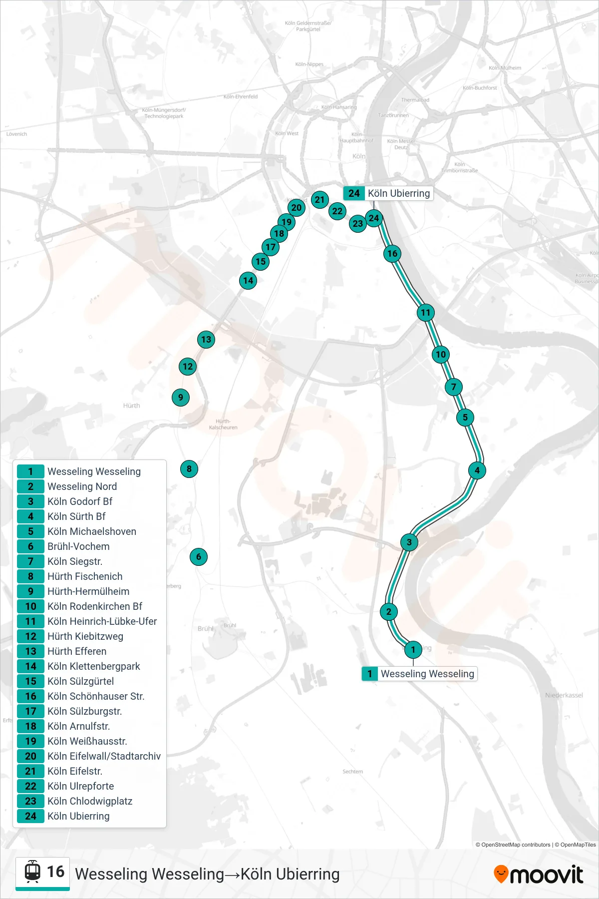 16 light rail Line (Wesseling Wesseling‎→Köln Ubierring) route and stops on a map