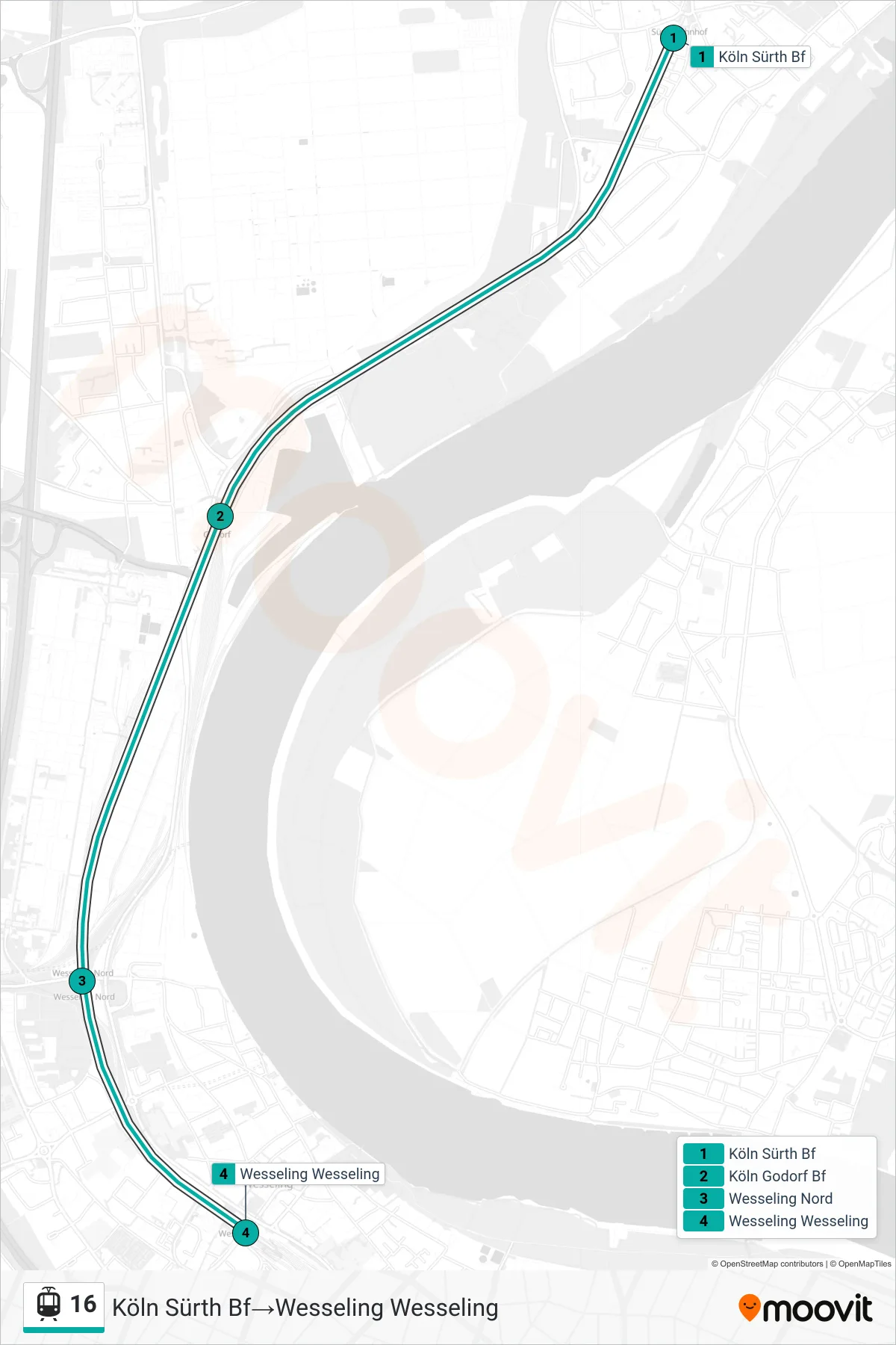 Linie 16 (Straßenbahn) Richtung Köln Sürth Bf‎→Wesseling Wesseling: Route und Haltestellen auf der Karte