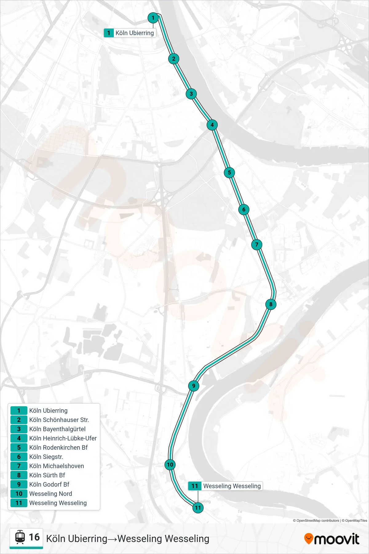 Linie 16 (Straßenbahn) Richtung Köln Ubierring→Wesseling Wesseling: Route und Haltestellen auf der Karte