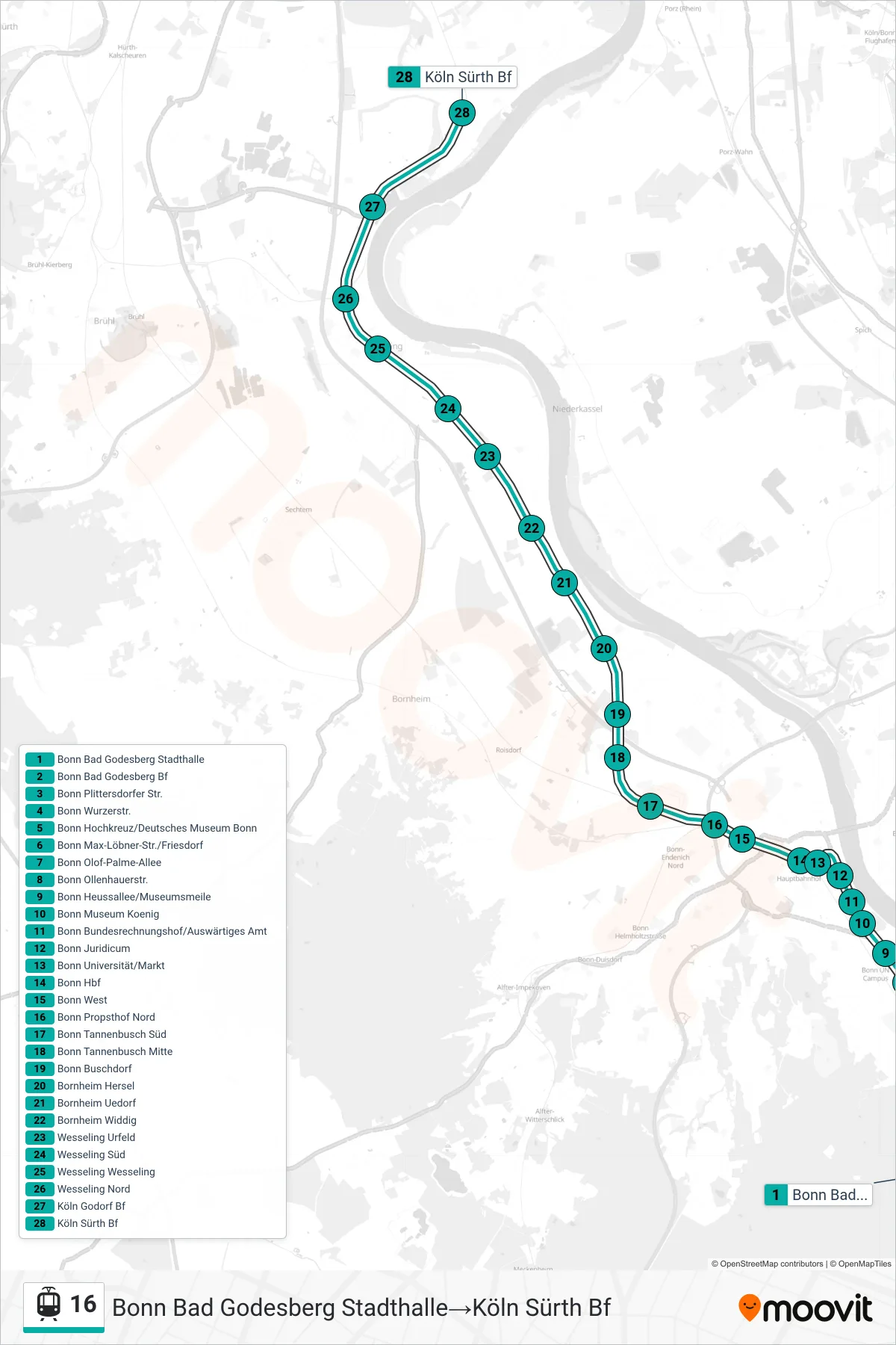 Linie 16 (Straßenbahn) Richtung Bonn Bad Godesberg Stadthalle→Köln Sürth Bf: Route und Haltestellen auf der Karte