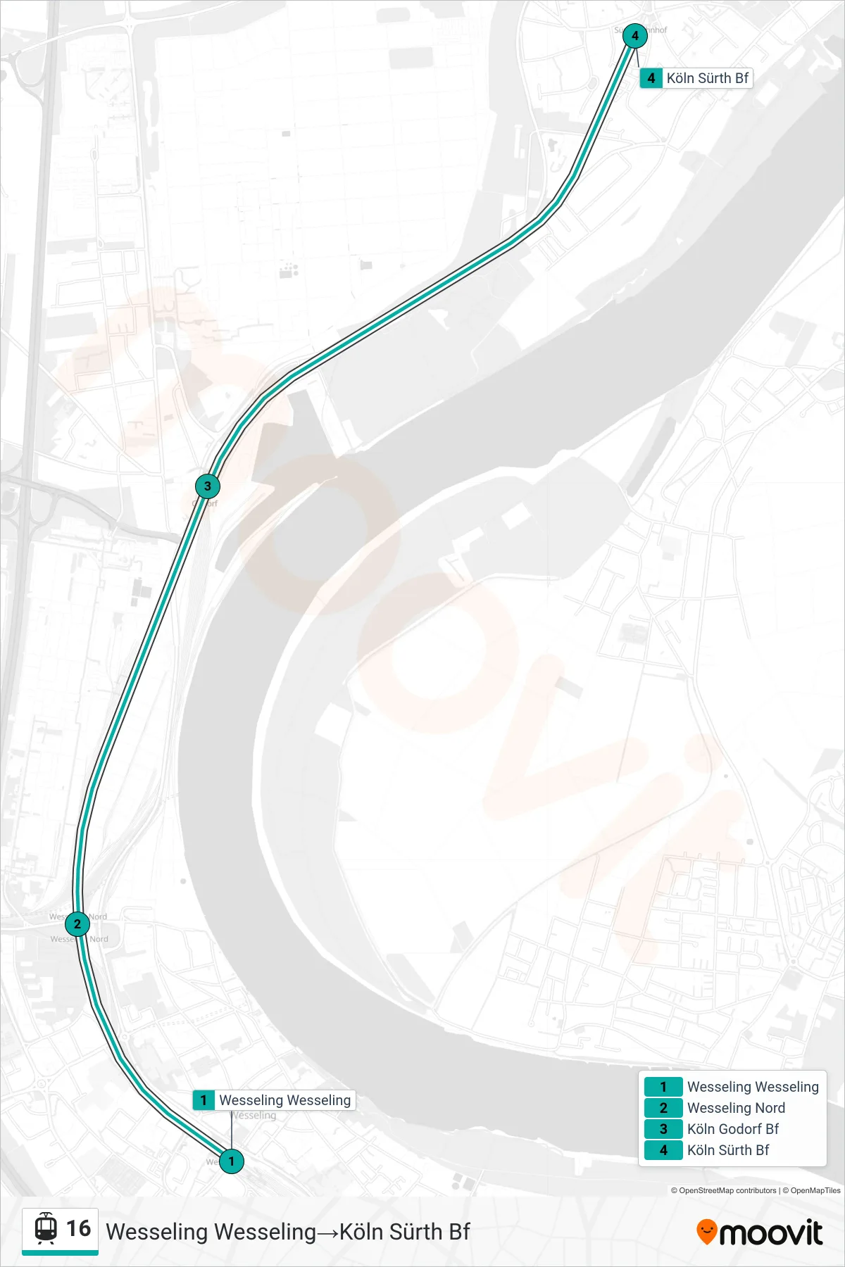 Linie 16 (Tram) Richtung Wesseling Wesseling‎→Köln Sürth Bf: Route und Haltestellen auf der Karte