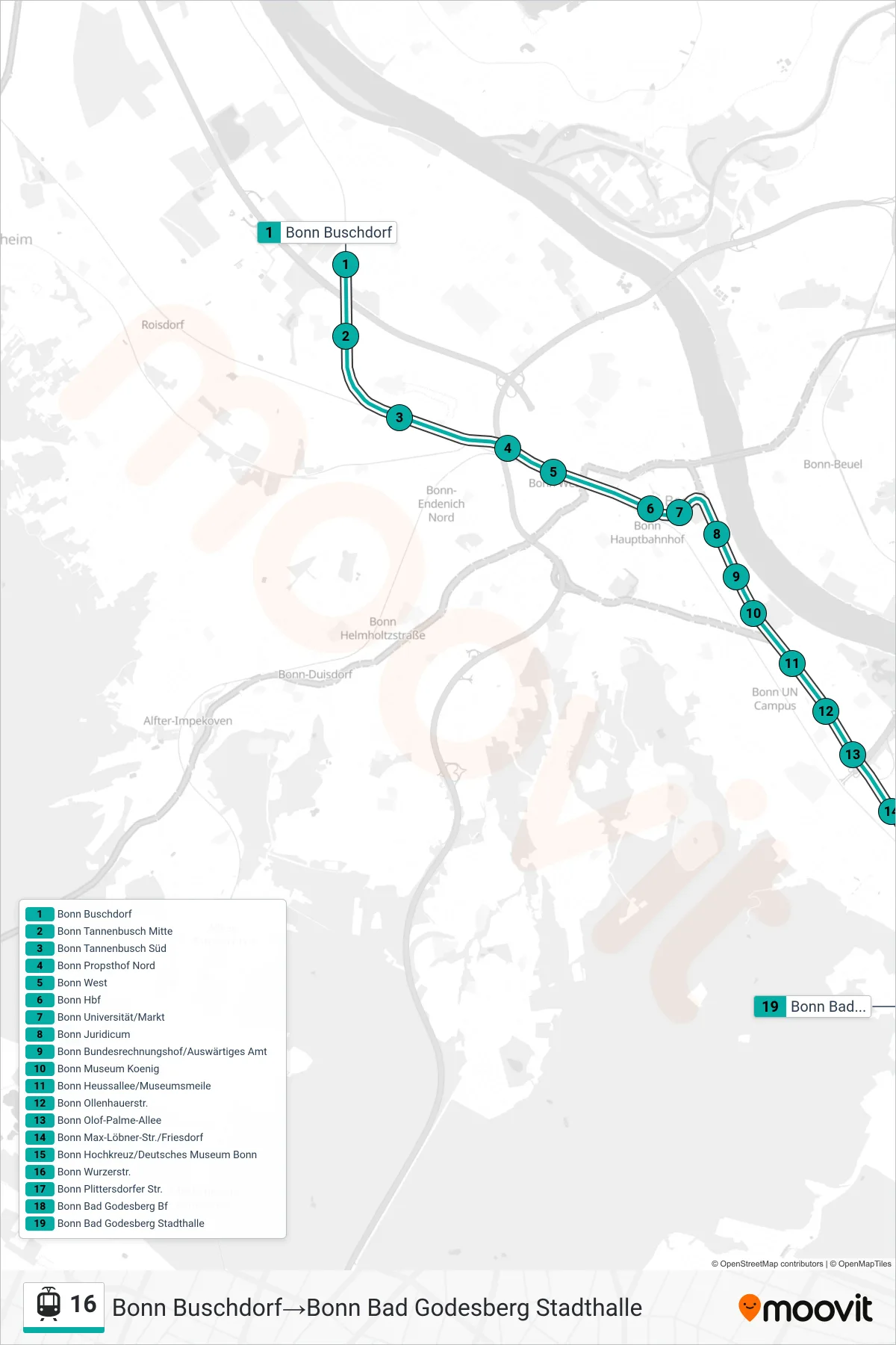 Linie 16 (Straßenbahn) Richtung Bonn Buschdorf‎→Bonn Bad Godesberg Stadthalle: Route und Haltestellen auf der Karte