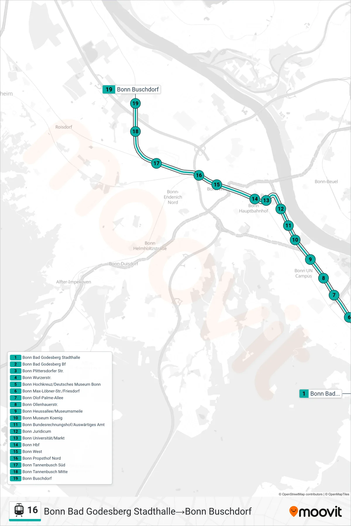 Linie 16 (Straßenbahn) Richtung Bonn Bad Godesberg Stadthalle‎→Bonn Buschdorf: Route und Haltestellen auf der Karte