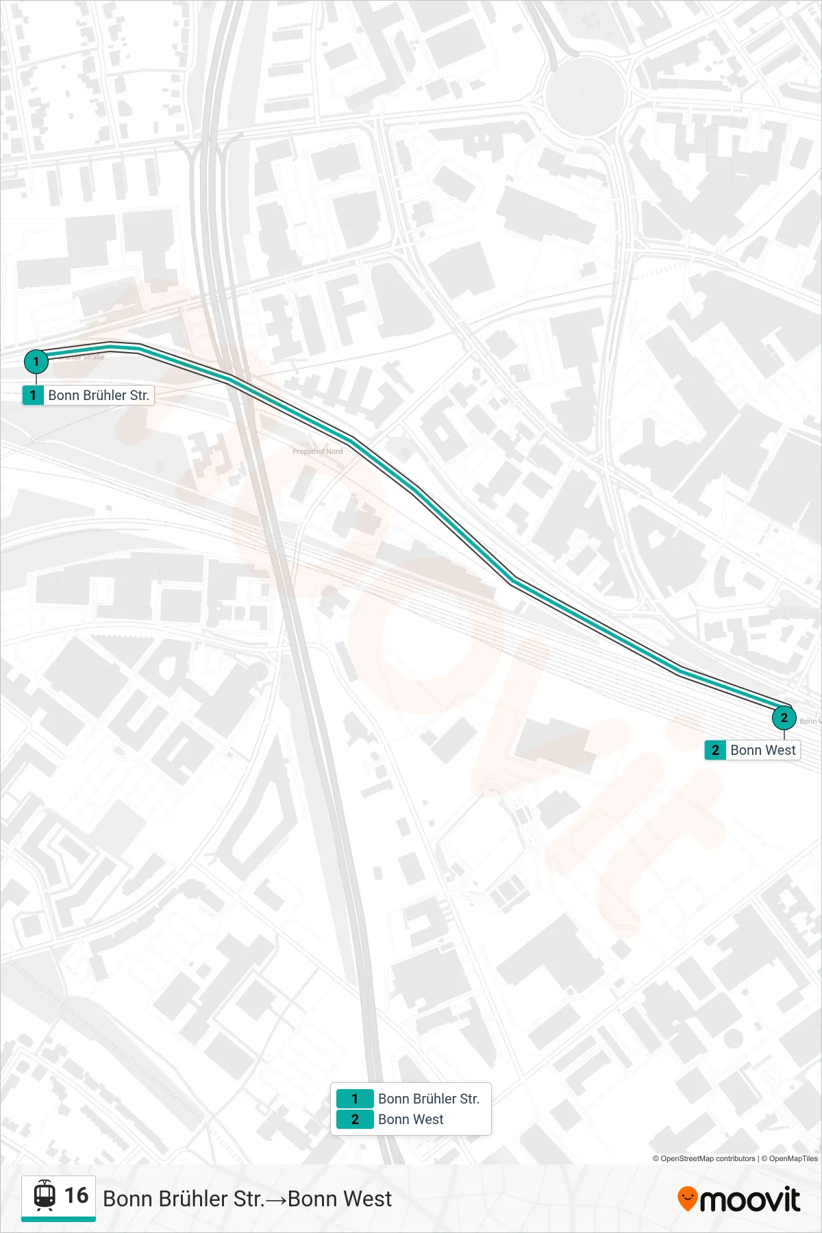 Linie 16 (Straßenbahn) Richtung Bonn Brühler Str.→Bonn West: Route und Haltestellen auf der Karte