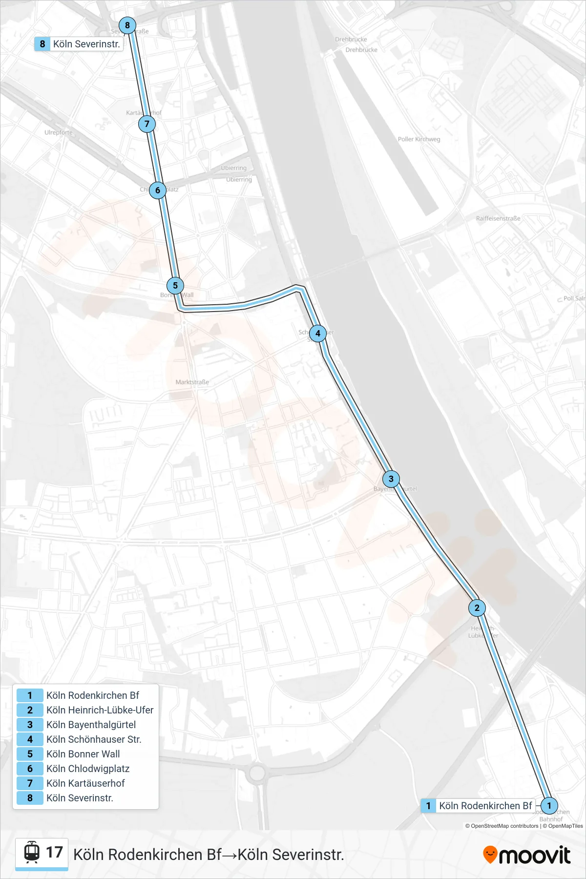 Linie 17 (Straßenbahn) Richtung Köln Rodenkirchen Bf→Köln Severinstr.: Route und Haltestellen auf der Karte
