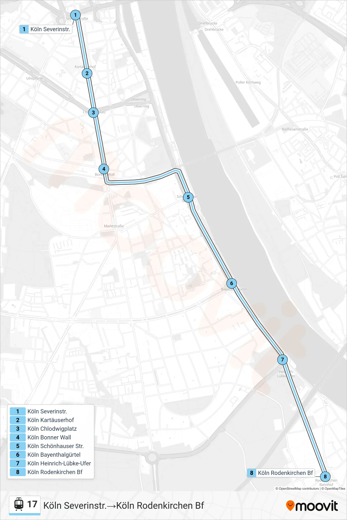 Linie 17 (Straßenbahn) Richtung Köln Severinstr.‎→Köln Rodenkirchen Bf: Route und Haltestellen auf der Karte