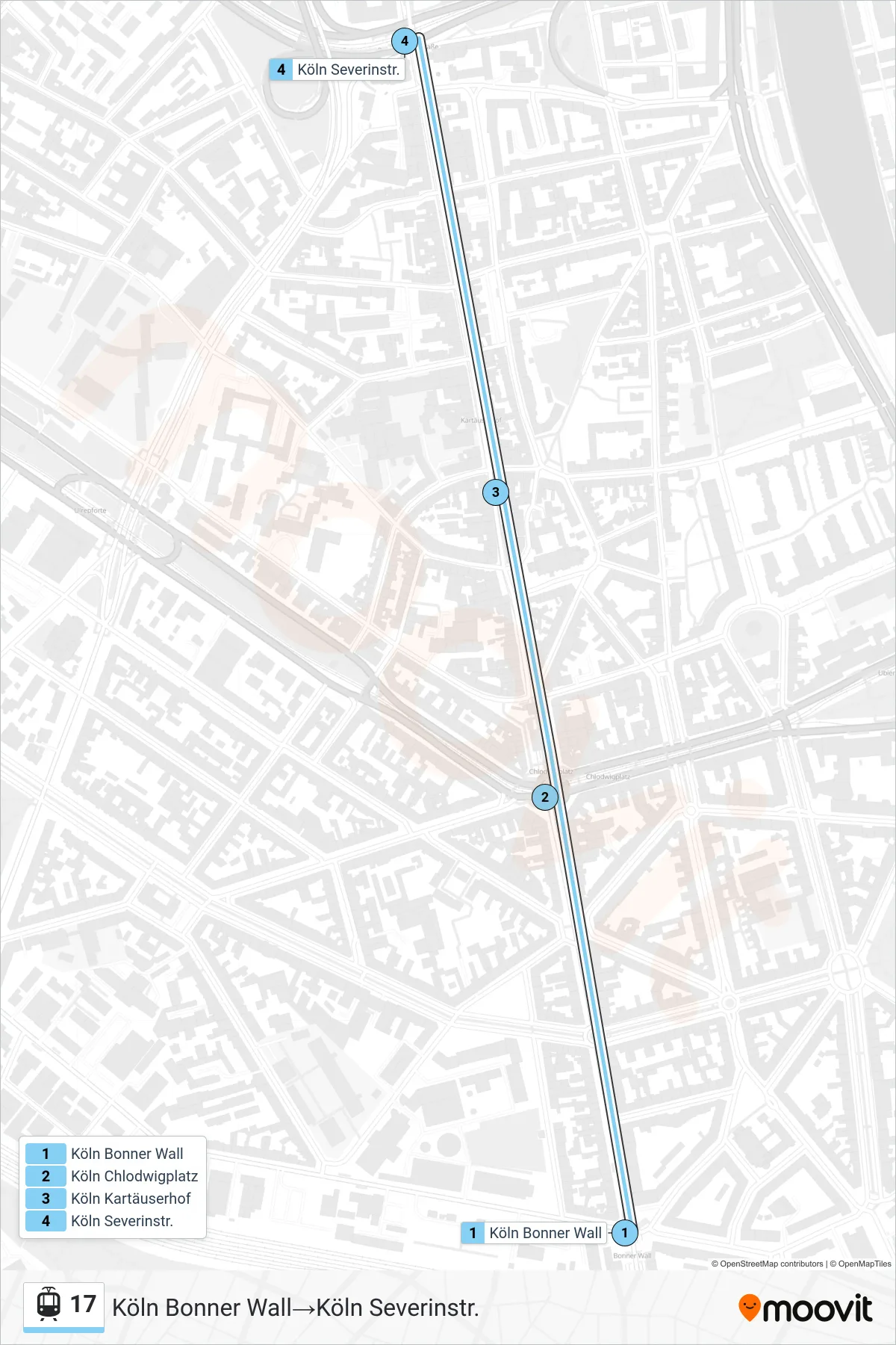 Linie 17 (Straßenbahn) Richtung Köln Bonner Wall→Köln Severinstr.: Route und Haltestellen auf der Karte