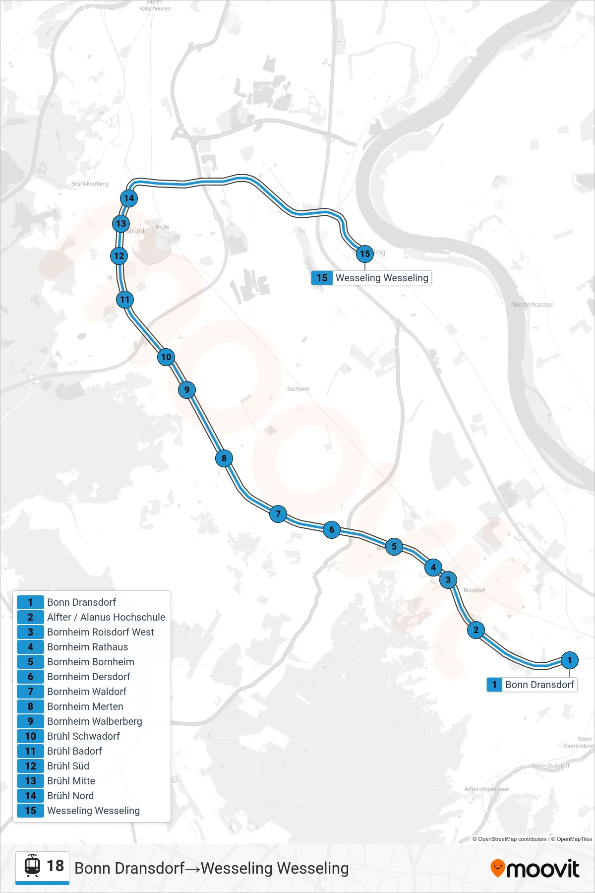 Linie 18 (Straßenbahn) Richtung Bonn Dransdorf→Wesseling Wesseling: Route und Haltestellen auf der Karte