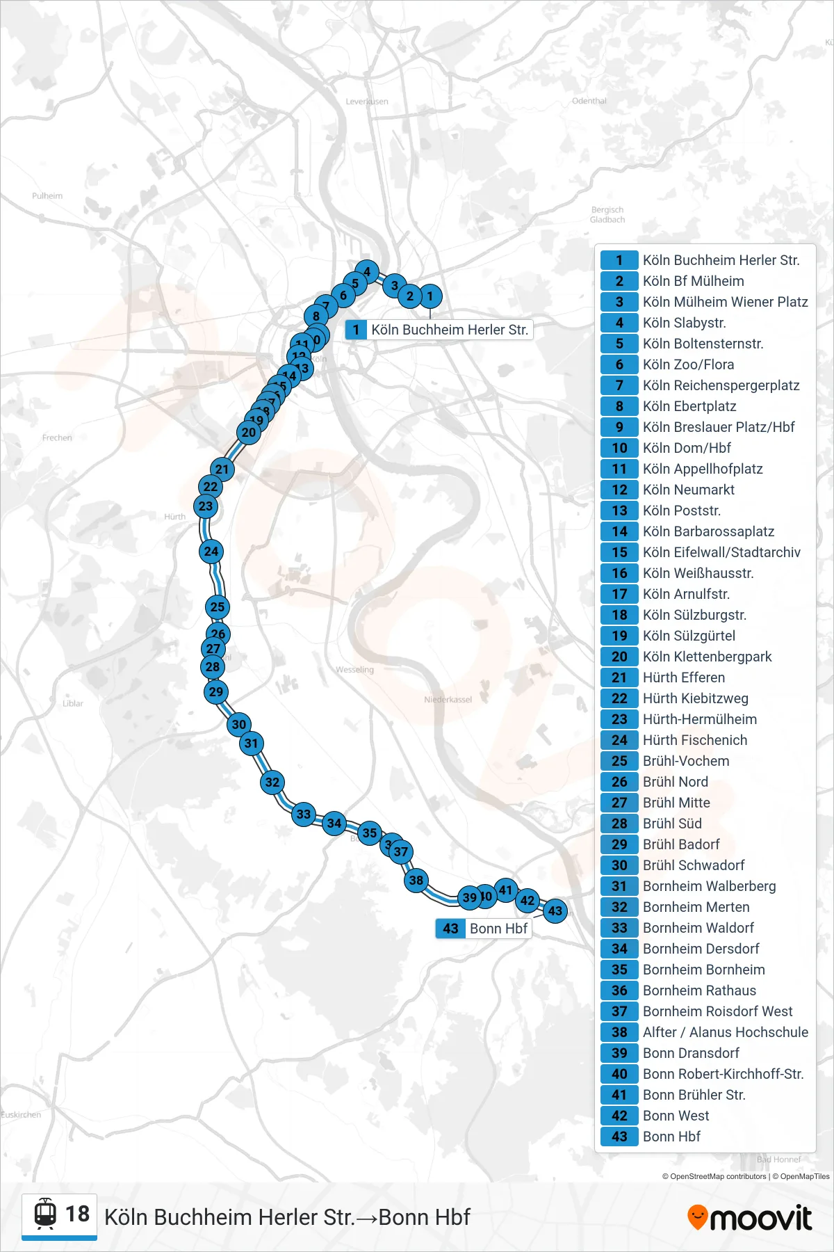 Linie 18 (Tram) Richtung Köln Buchheim Herler Str.‎→Bonn Hbf: Route und Haltestellen auf der Karte