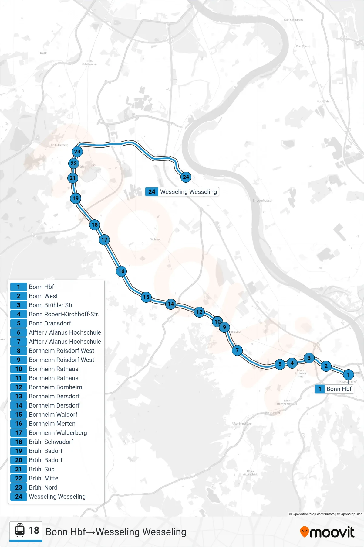 Linie 18 (Straßenbahn) Richtung Bonn Hbf→Wesseling Wesseling: Route und Haltestellen auf der Karte