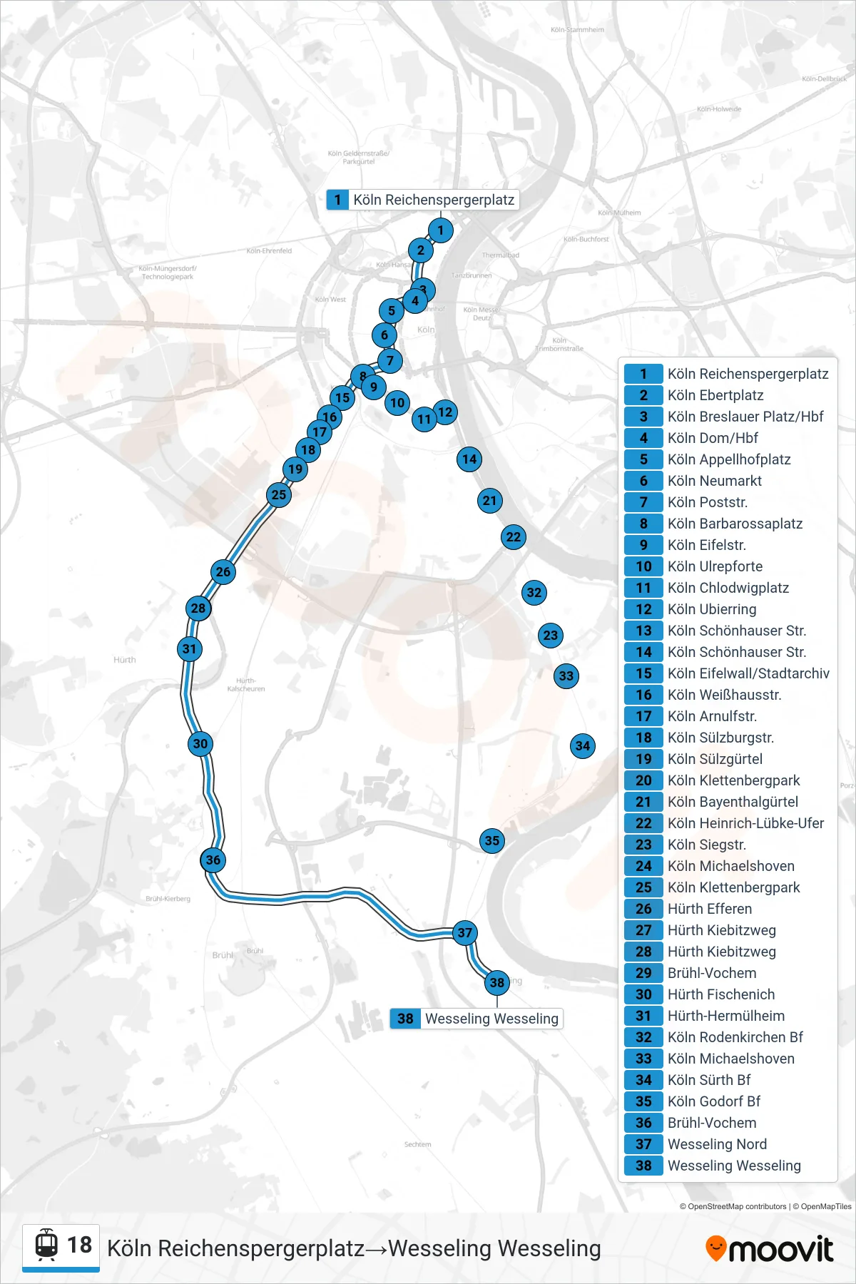 Linie 18 (Straßenbahn) Richtung Köln Reichenspergerplatz→Wesseling Wesseling: Route und Haltestellen auf der Karte