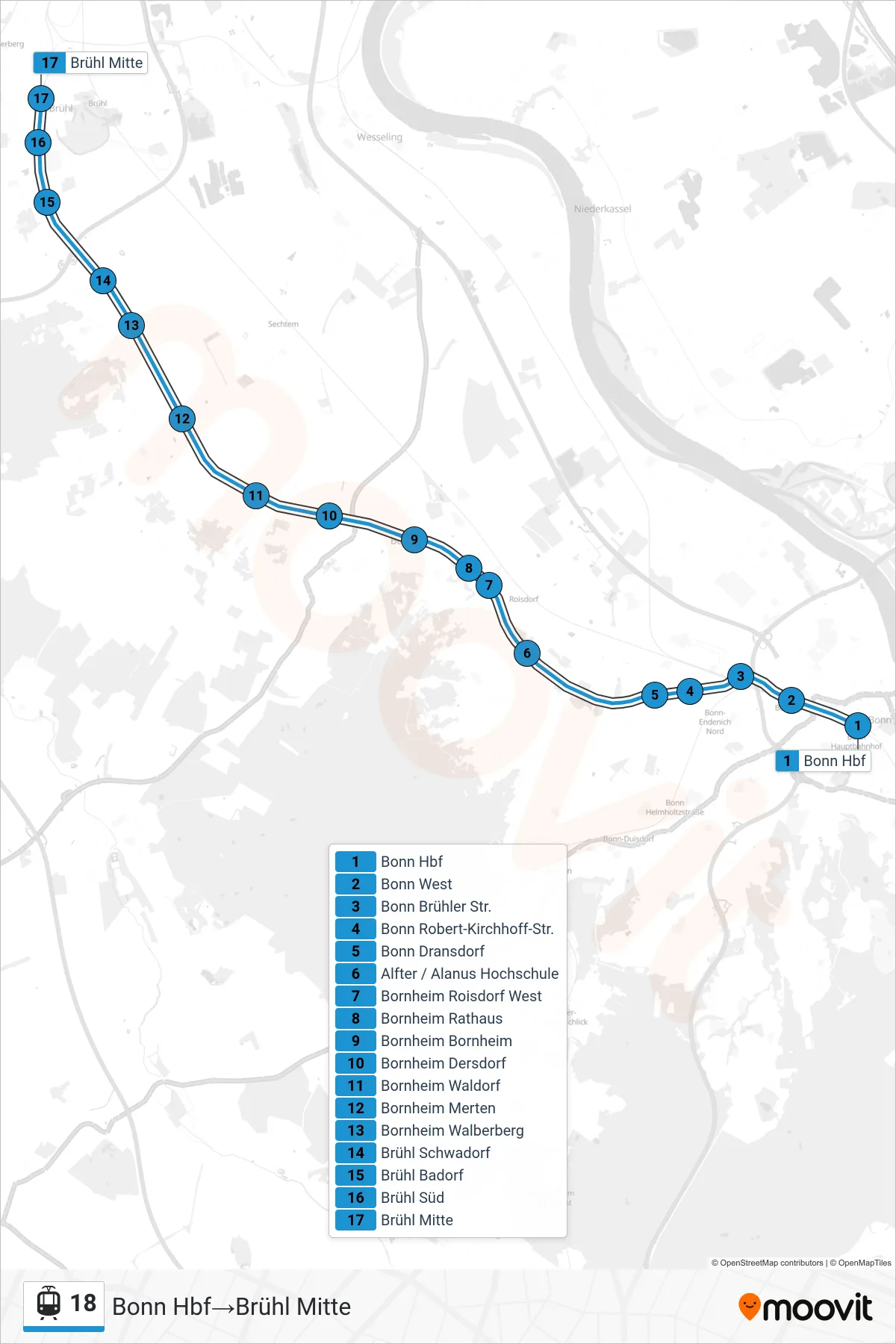 Linie 18 (Straßenbahn) Richtung Bonn Hbf→Brühl Mitte: Route und Haltestellen auf der Karte