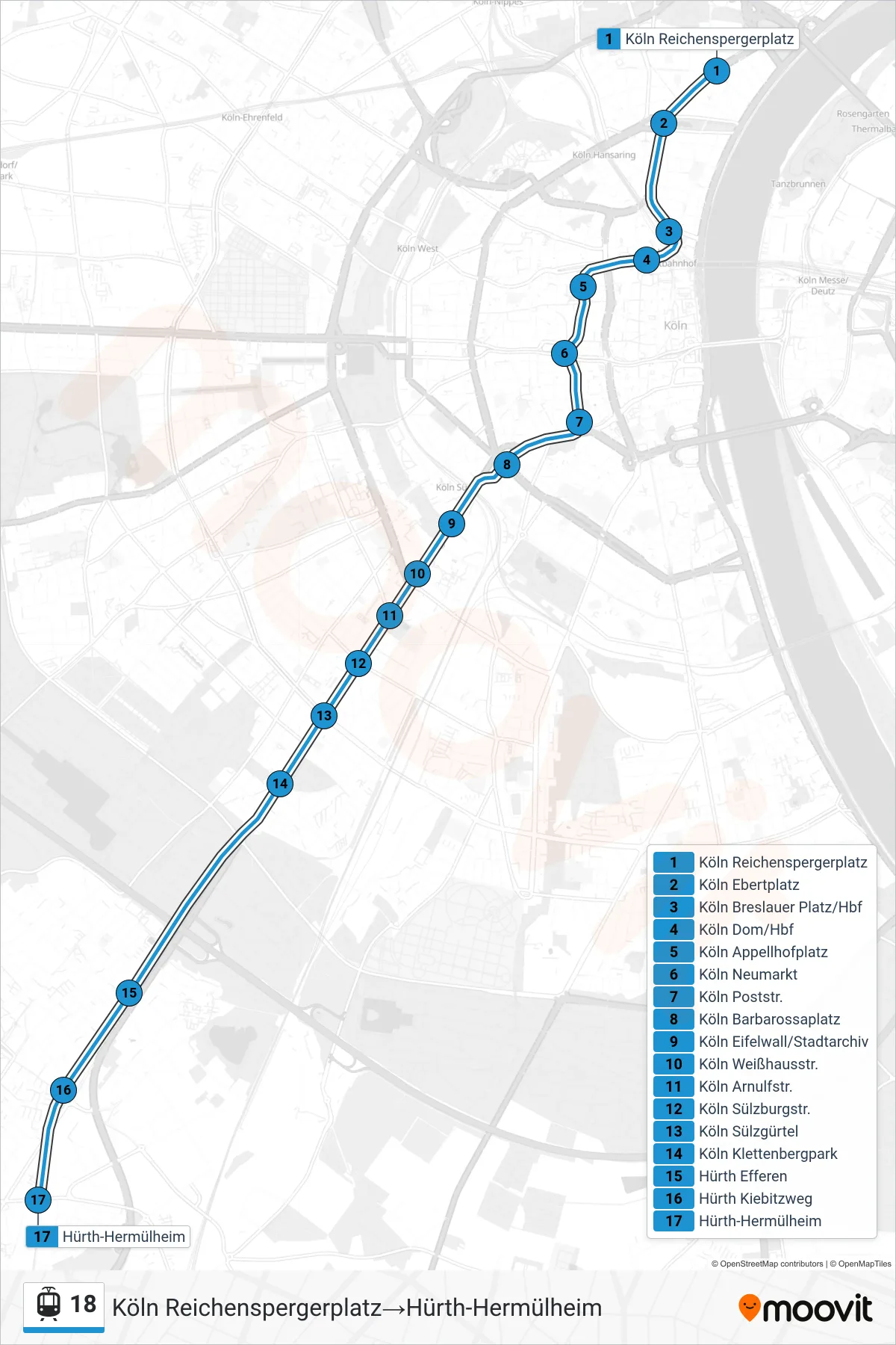 Linie 18 (Tram) Richtung Köln Reichenspergerplatz→Hürth-Hermülheim: Route und Haltestellen auf der Karte