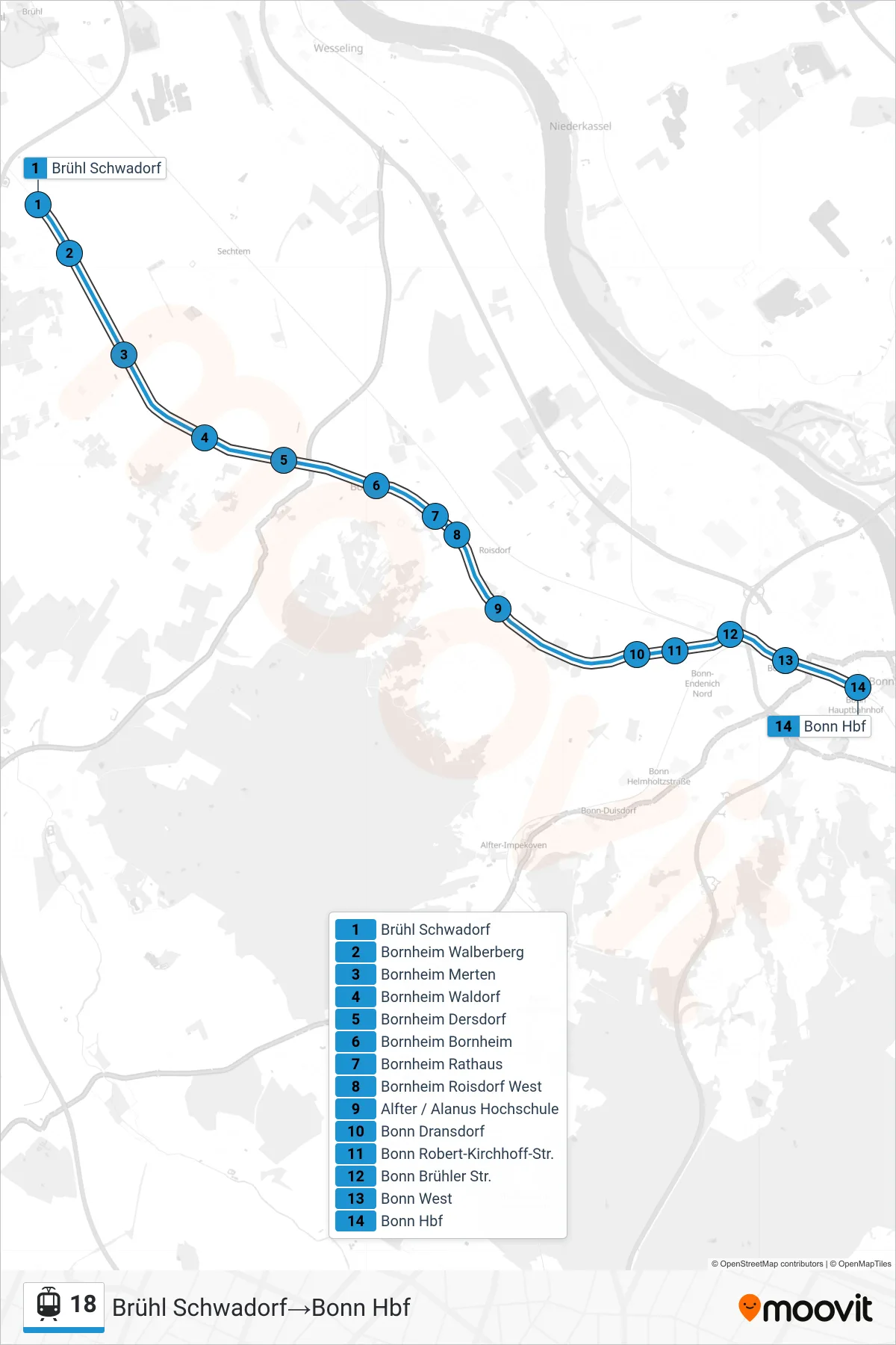 Linie 18 (Straßenbahn) Richtung Brühl Schwadorf→Bonn Hbf: Route und Haltestellen auf der Karte