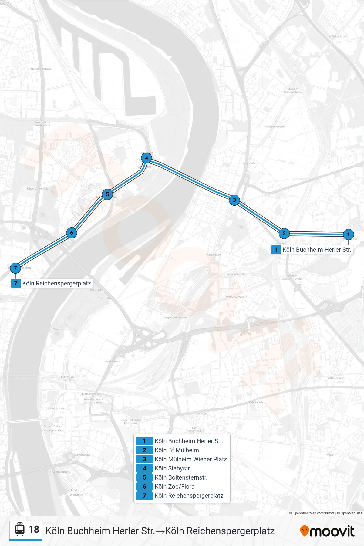 Linie 18 (Straßenbahn) Richtung Köln Buchheim Herler Str.‎→Köln Reichenspergerplatz: Route und Haltestellen auf der Karte