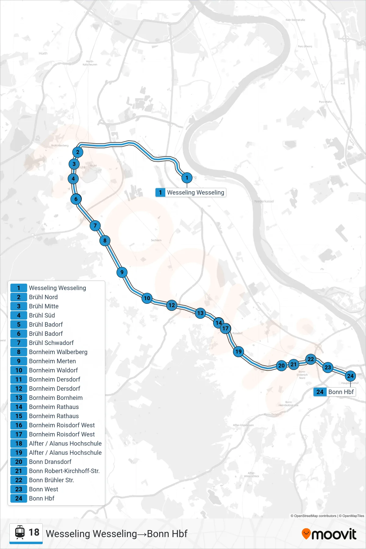 Linie 18 (Straßenbahn) Richtung Wesseling Wesseling→Bonn Hbf: Route und Haltestellen auf der Karte