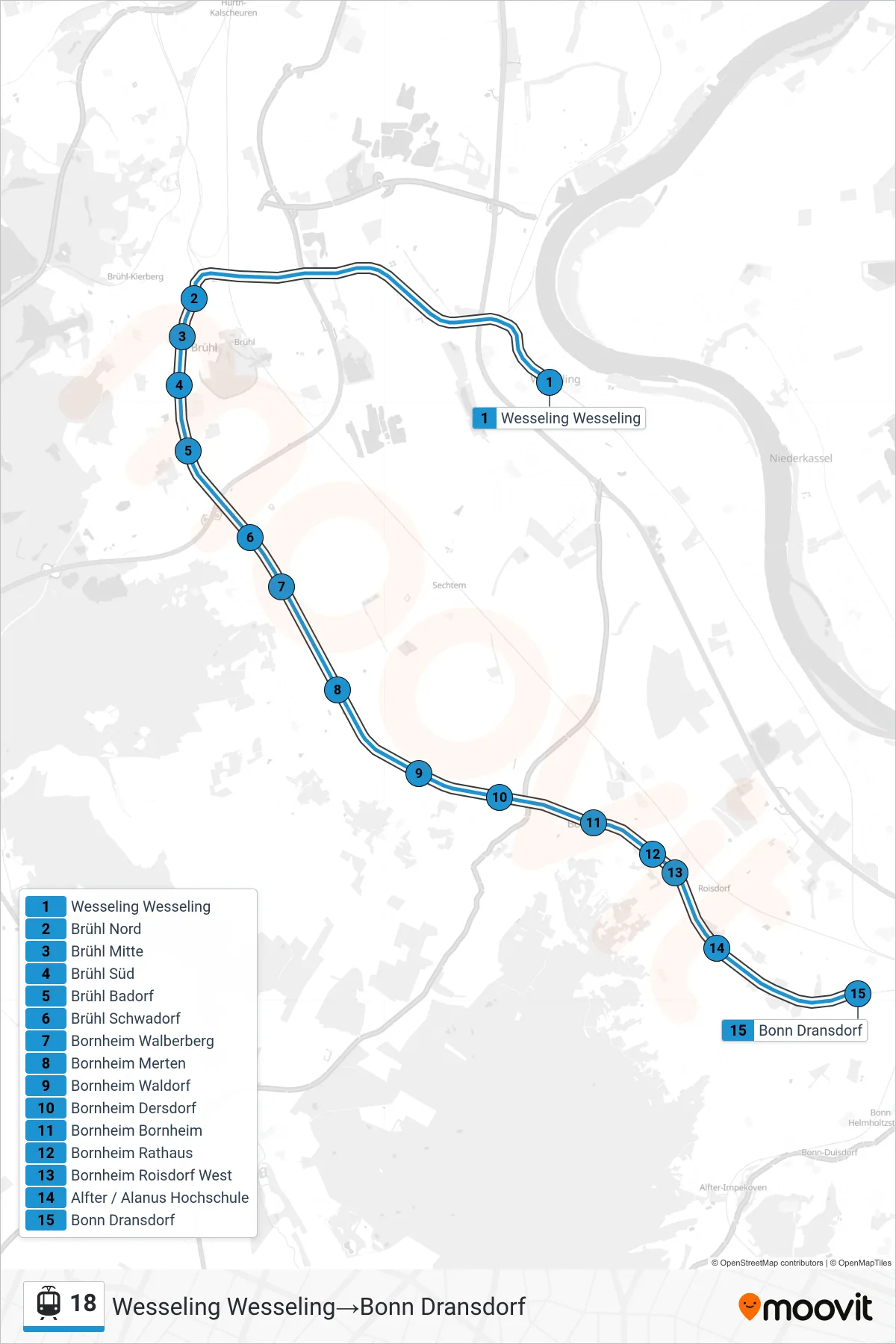 Linie 18 (Straßenbahn) Richtung Wesseling Wesseling‎→Bonn Dransdorf: Route und Haltestellen auf der Karte