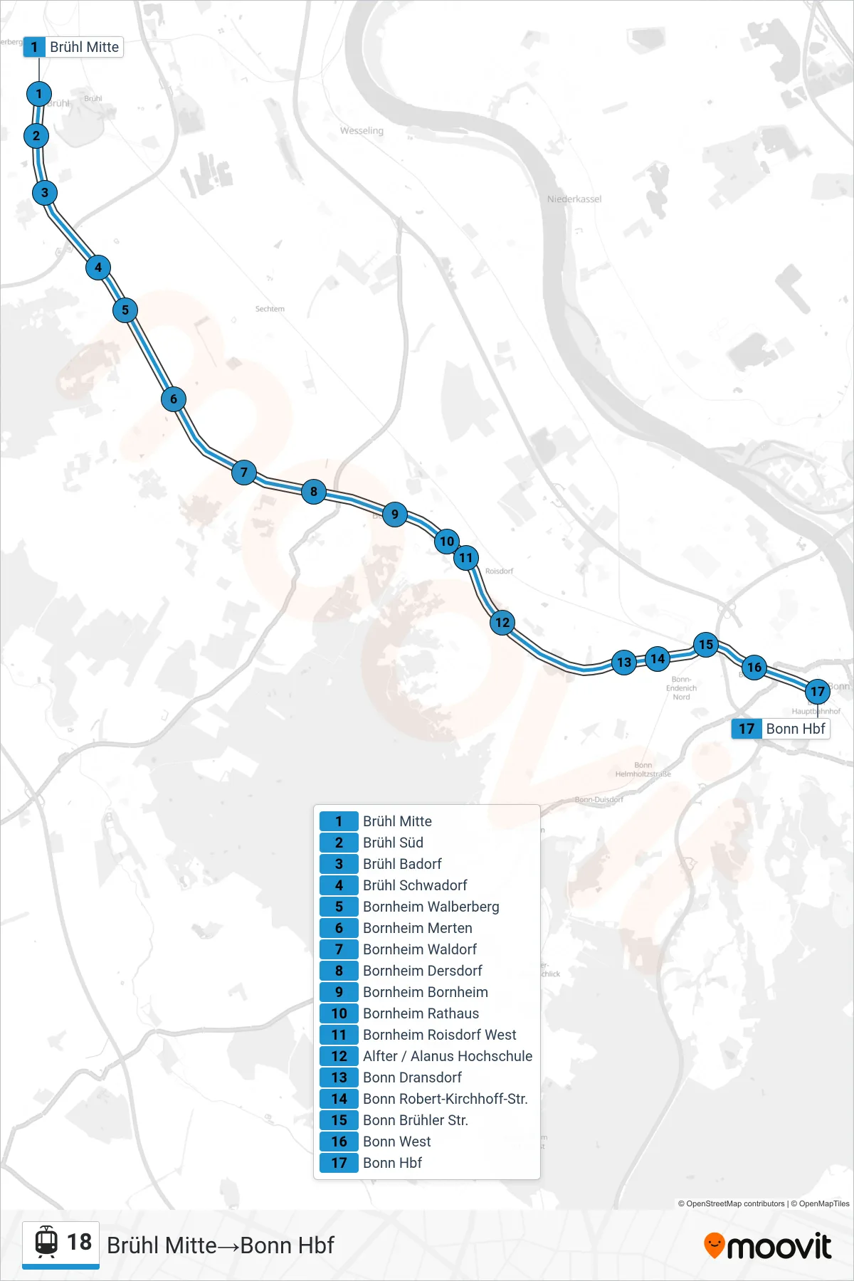 Linie 18 (Straßenbahn) Richtung Brühl Mitte→Bonn Hbf: Route und Haltestellen auf der Karte