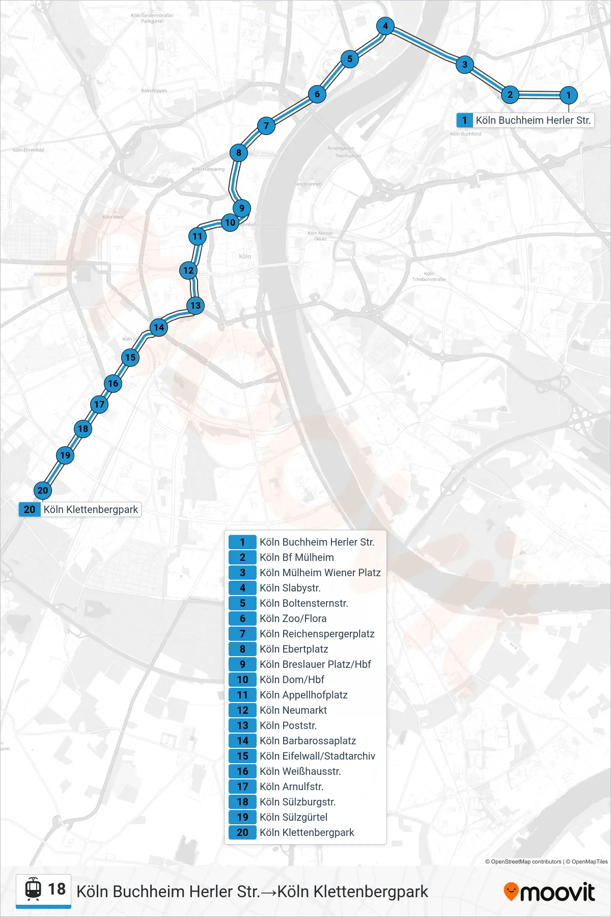 Linie 18 (Straßenbahn) Richtung Köln Buchheim Herler Str.→Köln Klettenbergpark: Route und Haltestellen auf der Karte