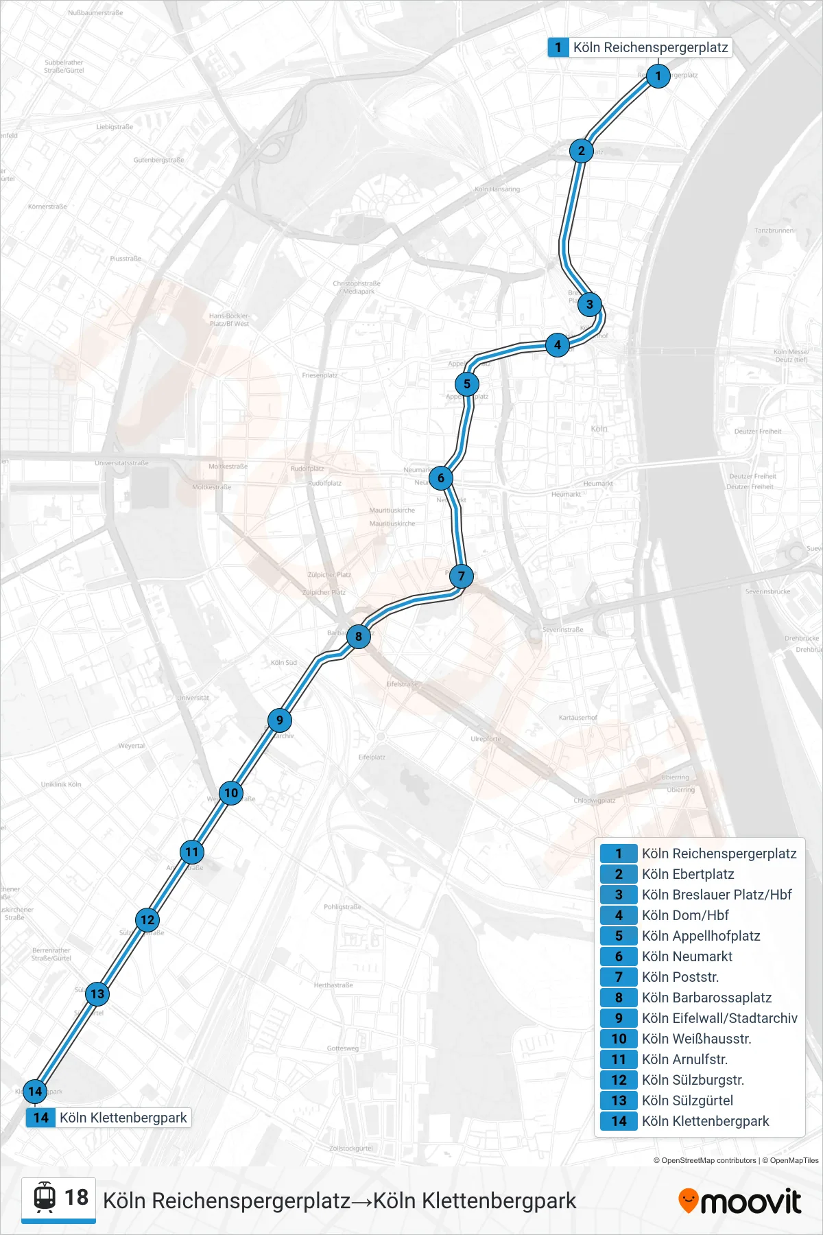 Linie 18 (Straßenbahn) Richtung Köln Reichenspergerplatz→Köln Klettenbergpark: Route und Haltestellen auf der Karte