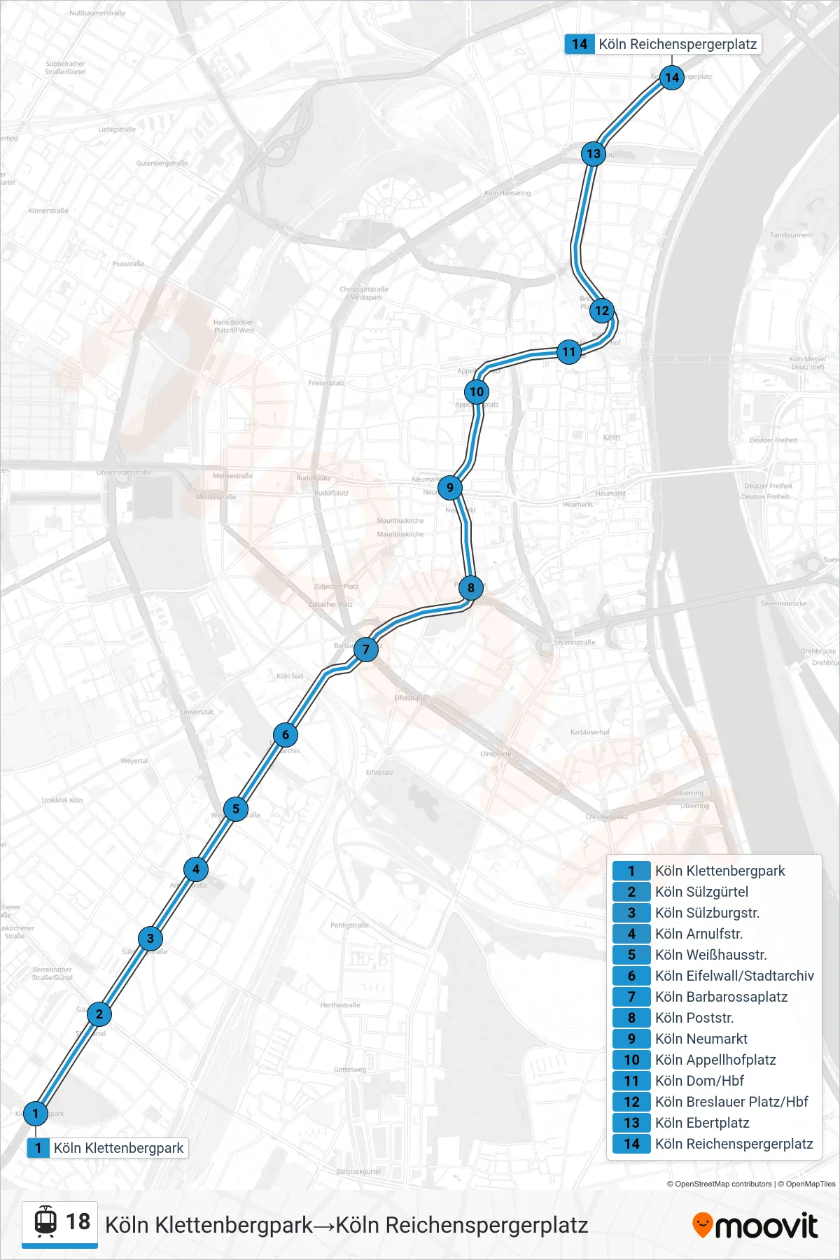 Linie 18 (Straßenbahn) Richtung Köln Klettenbergpark‎→Köln Reichenspergerplatz: Route und Haltestellen auf der Karte