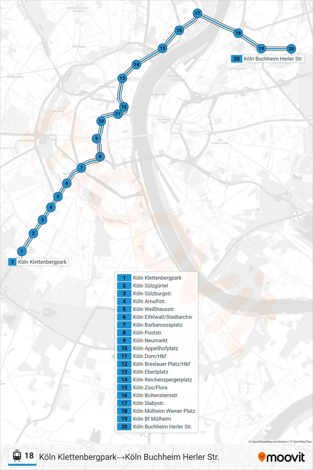 Linie 18 (Straßenbahn) Richtung Köln Klettenbergpark‎→Köln Buchheim Herler Str.: Route und Haltestellen auf der Karte