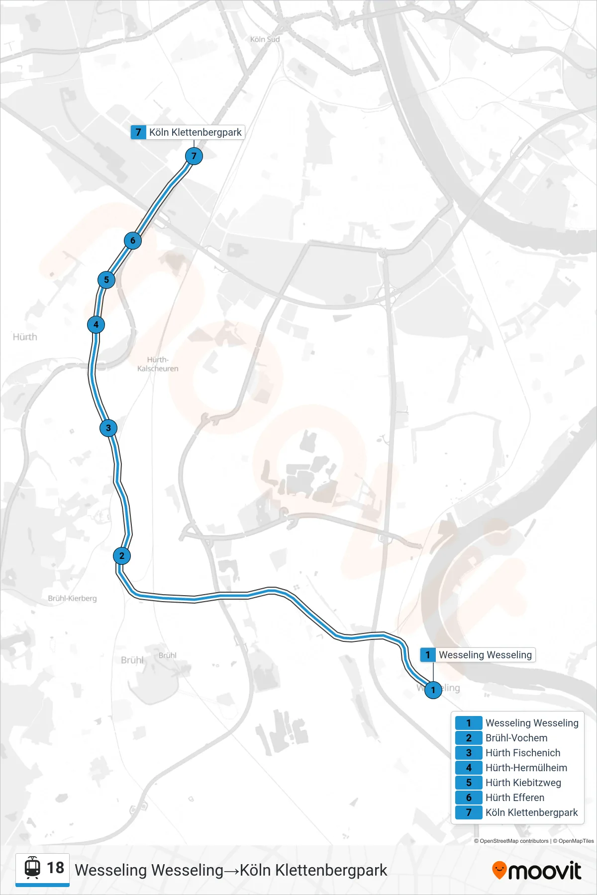 Linie 18 (Straßenbahn) Richtung Wesseling Wesseling→Köln Klettenbergpark: Route und Haltestellen auf der Karte